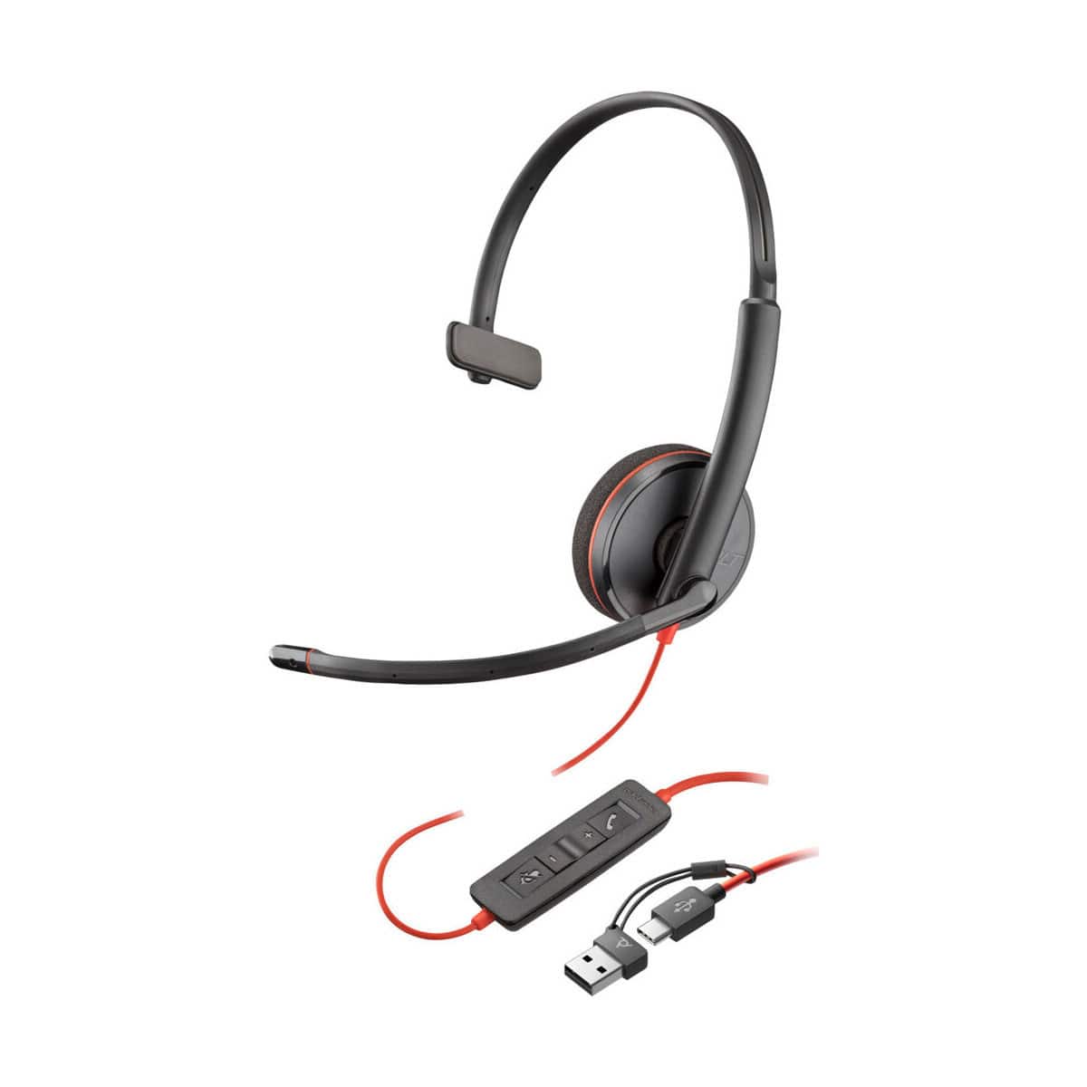 HP - Poly Blackwire 3210 USB-C Wired Monaural Headset, Black - Red
