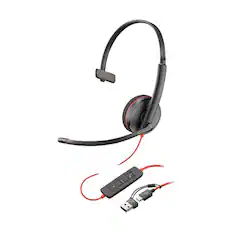 Front. HP - HP Poly Blackwire 3210 USB-C Wired Monaural Headset, Black - Red.