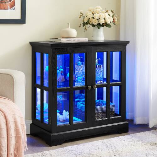 Back. LUCKY ONE - Freestanding LED Curio Display Cabinet with Adjustable Shelves Retro Bookcase Storage for Home Decor - Black.