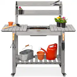 Best Choice Products - Wood Garden Potting Bench Workstation, Sliding Tabletop, 4 Locking Wheels, Dry Sink - Gray