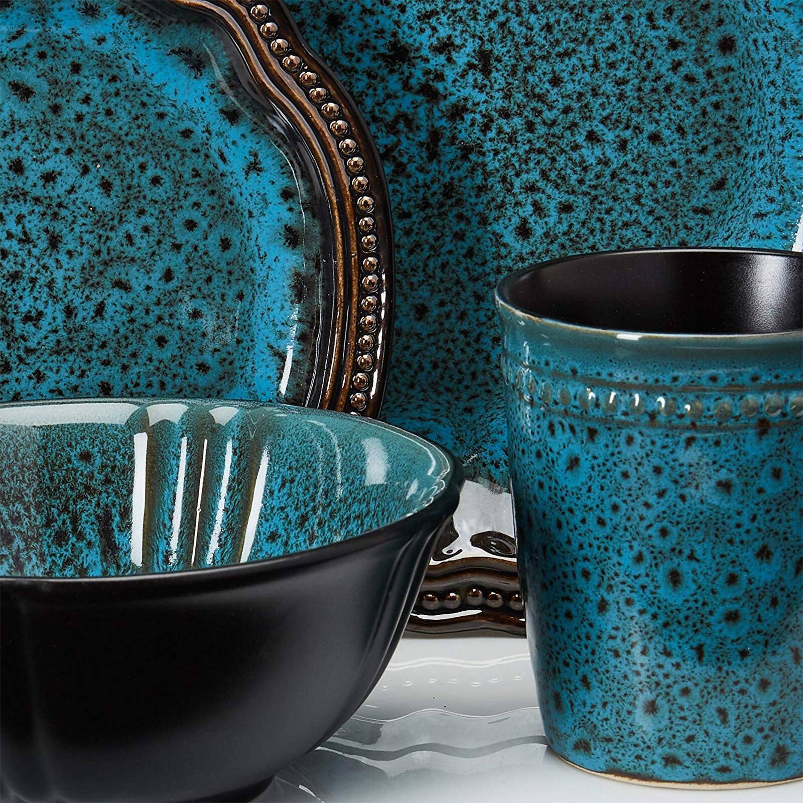 Alt View 4. Elama - Elama's Mystic Waves 16 Piece Dinnerware Set - Blue and Brown.