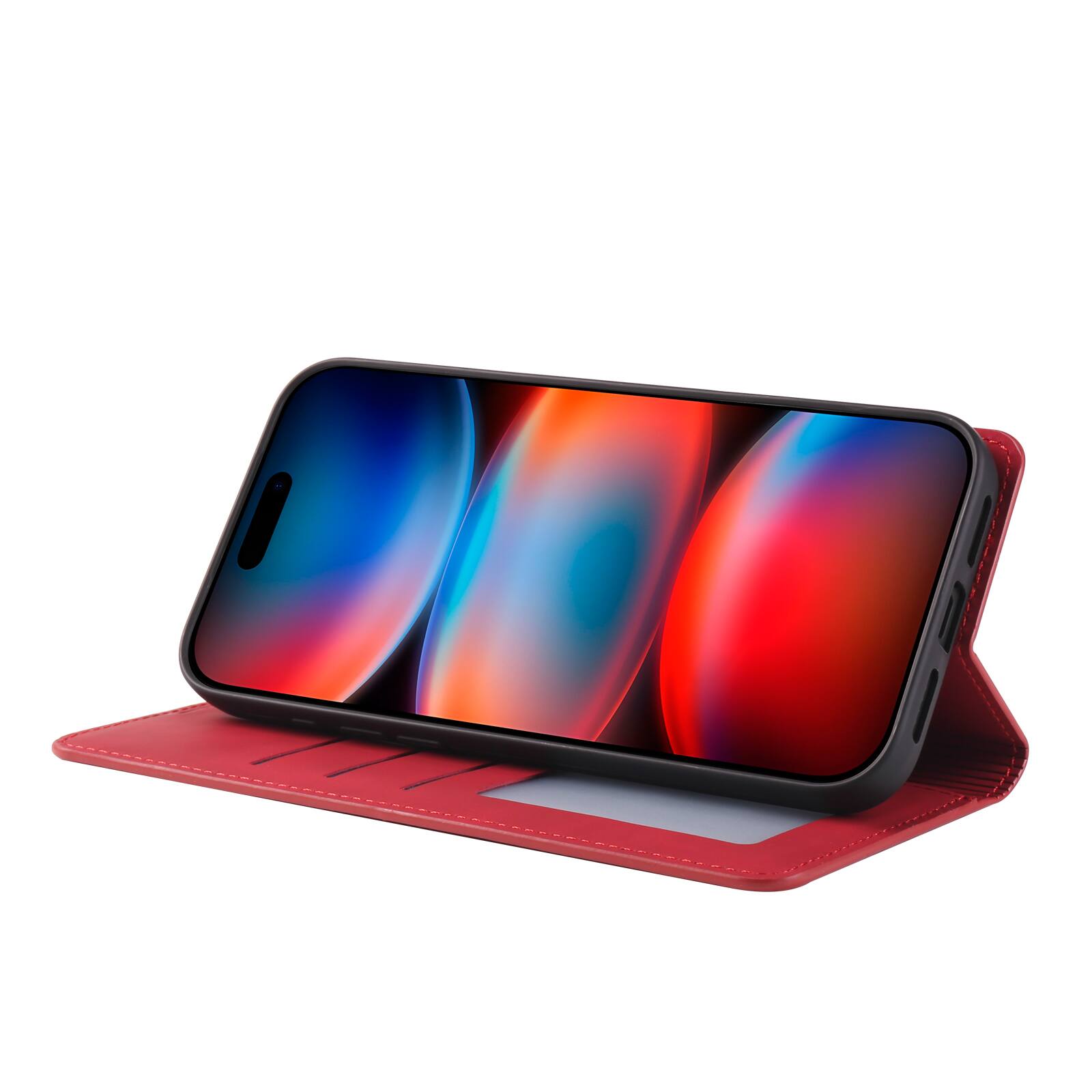 Back. Dteck - Magnetic Case For iPhone 18 Pro Max, Shockproof Wallet Card Pocket Viewing Kickstand Protective Folio PU Leather Cover - Red.