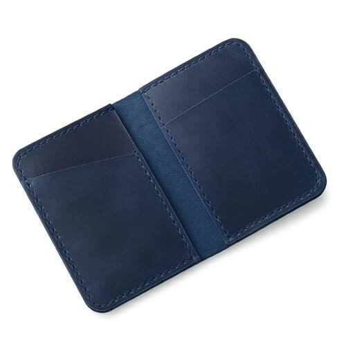 Front. Vulpecula Spade - Blue Leather Card Holder for Men & Women - Credit Card Wallet Holds Up to 4 Cards, Compact Money Organizer, Bi-Fold - Blue Minimalist Wallet Credit Card Holder.