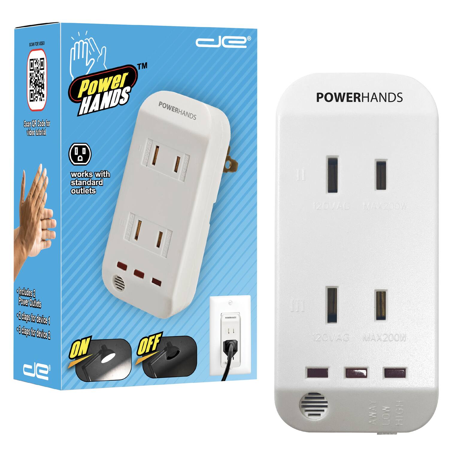 Sure, here is the corrected and grouped text from the image:

---

**Power Hands™**

- Works with standard outlets
- Includes 2 Power Outlets
- 2 clips for device 1
- 3 clips for device 2

**ON**  
**OFF**

**120VAC MAX200W**

**POWERHANDS**

---

This text is organized to reflect the information provided on the packaging and the product itself.