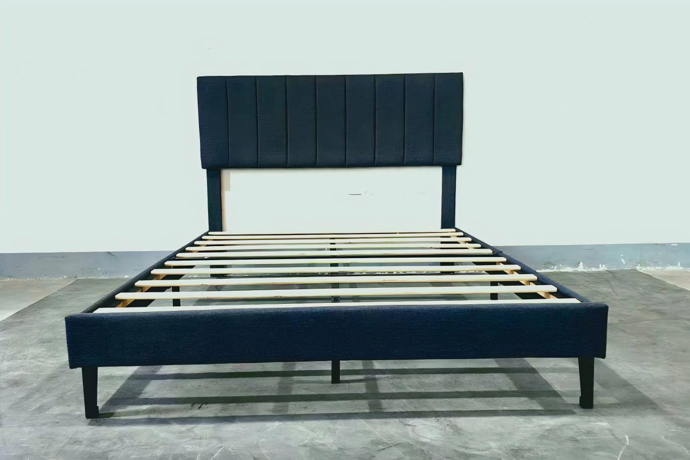 Front. GARVEE - Queen Size Velvet Basic Bed, Dark Blue Upholstered Frame, No Box Spring Needed - Dark Blue.