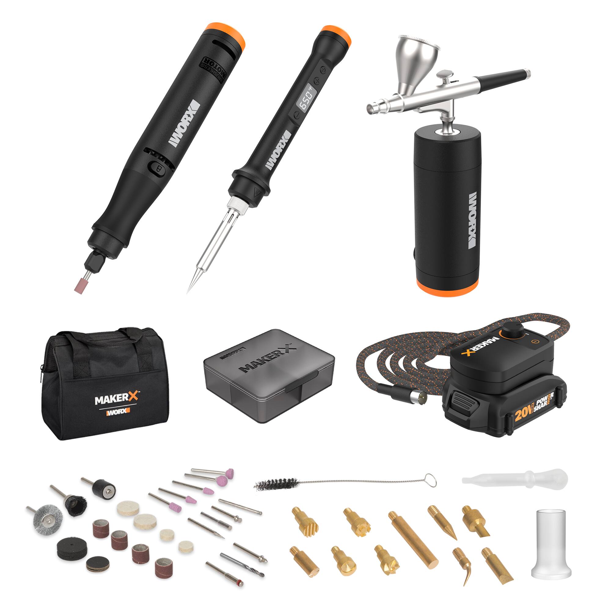 WORX - WX993L MakerX Kit with Rotary Tool, Wood & Metal Crafter, and Air Brush in Carry Bag - Black