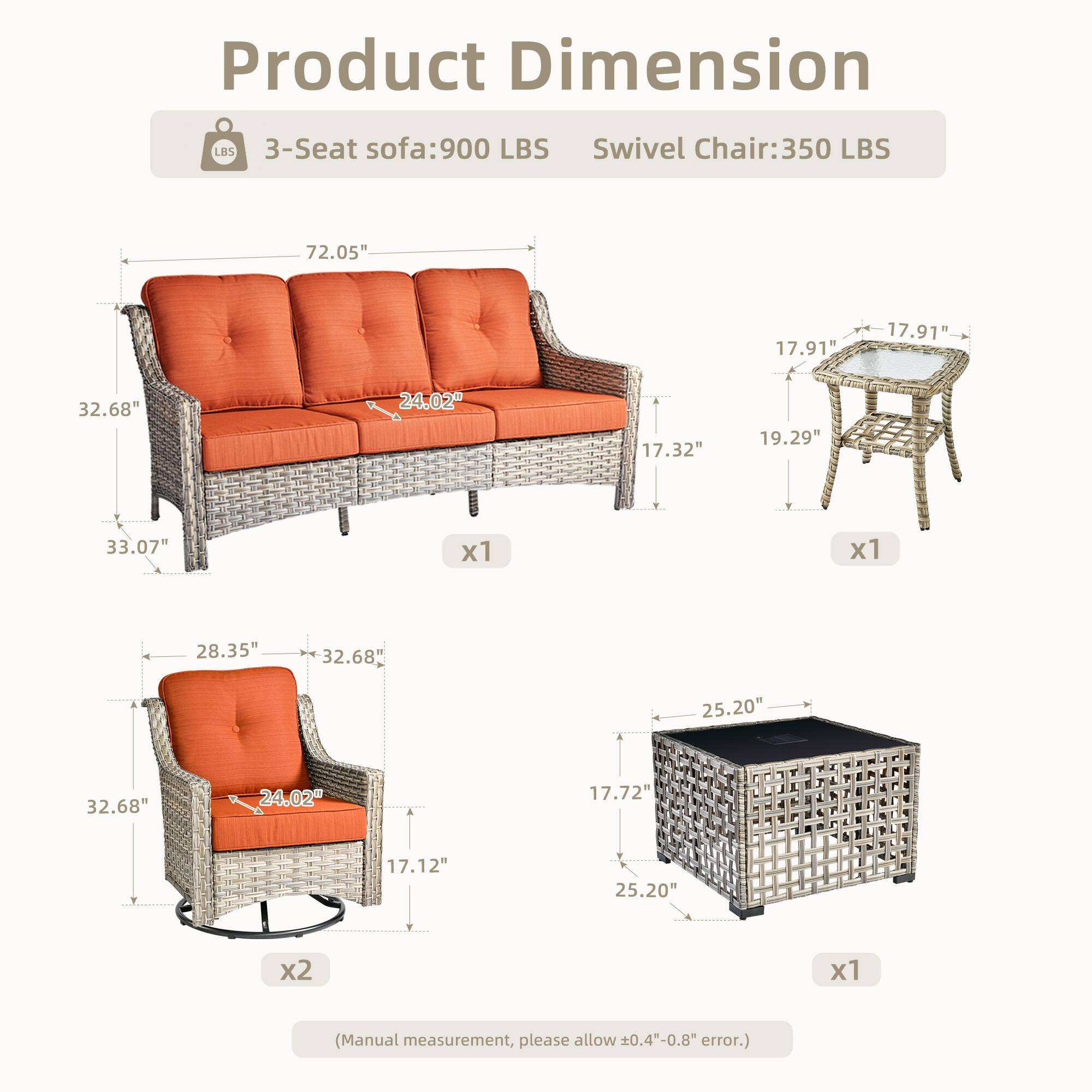 Product Dimension

3-Seat sofa: 900 LBS  
Swivel Chair: 350 LBS

- 3-Seat sofa:  
  - Length: 72.05"  
  - Depth: 33.07"  
  - Height: 32.68"  
  - Seat Height: 17.32"  
  - Armrest Height: 24.02"  
  - Seat Depth: 24.02"  
  - Seat Width: 32.68"  
  - Back Height: 32.68"  
  - Back Width: 72.05"  
  - Back Depth: 24.02"  
  - Armrest Width: 17.91"  
  - Armrest Height: 17.91"  
  - x1

- Swivel Chair:  
  - Length: 28.35"  
  - Depth: 32.68"  
  - Height: 32.68"  
  - Seat Height: 17.12"  
  - Seat Depth: 