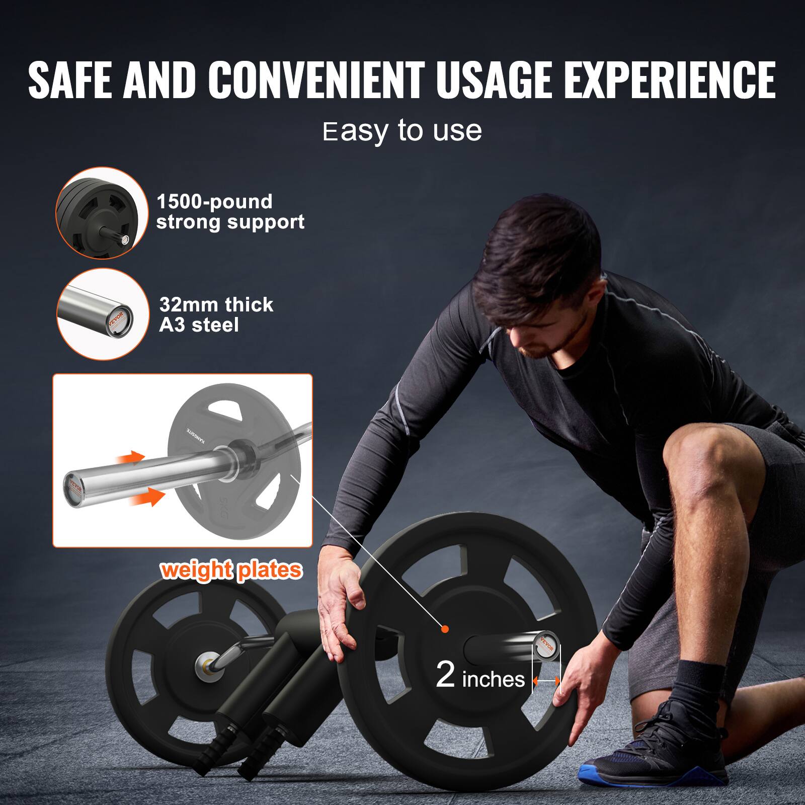 SAFE AND CONVENIENT USAGE EXPERIENCE
Easy to use
1500-pound strong support
32mm thick A3 steel
weight plates
2 inches