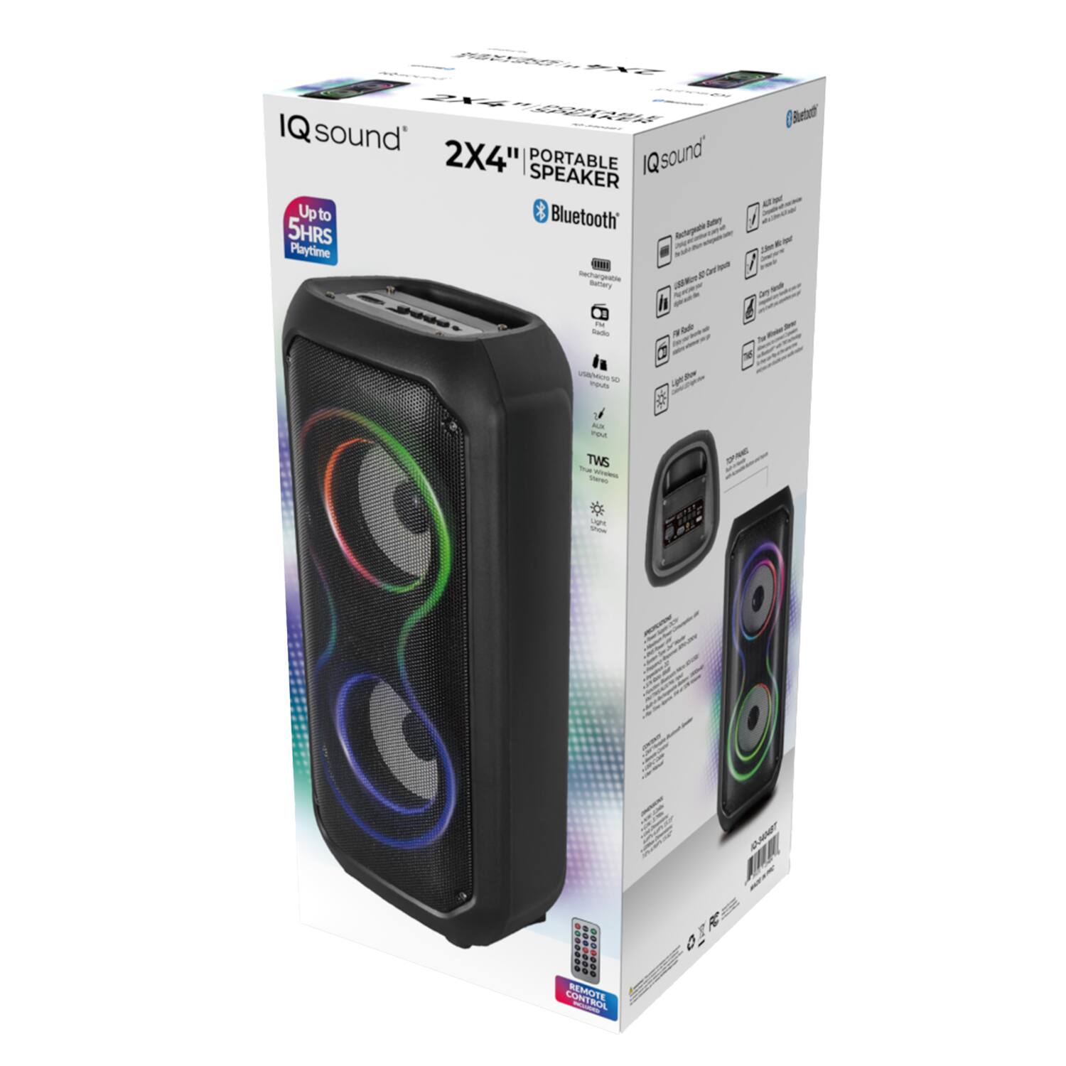 IQ sound 2X4" | PORTABLE IQ sound SPEAKER Up to Bluetooth - 5HRS Playtime  
Rechargeable Battery  
2X4"  
TWS  
CONTROL REMOTE