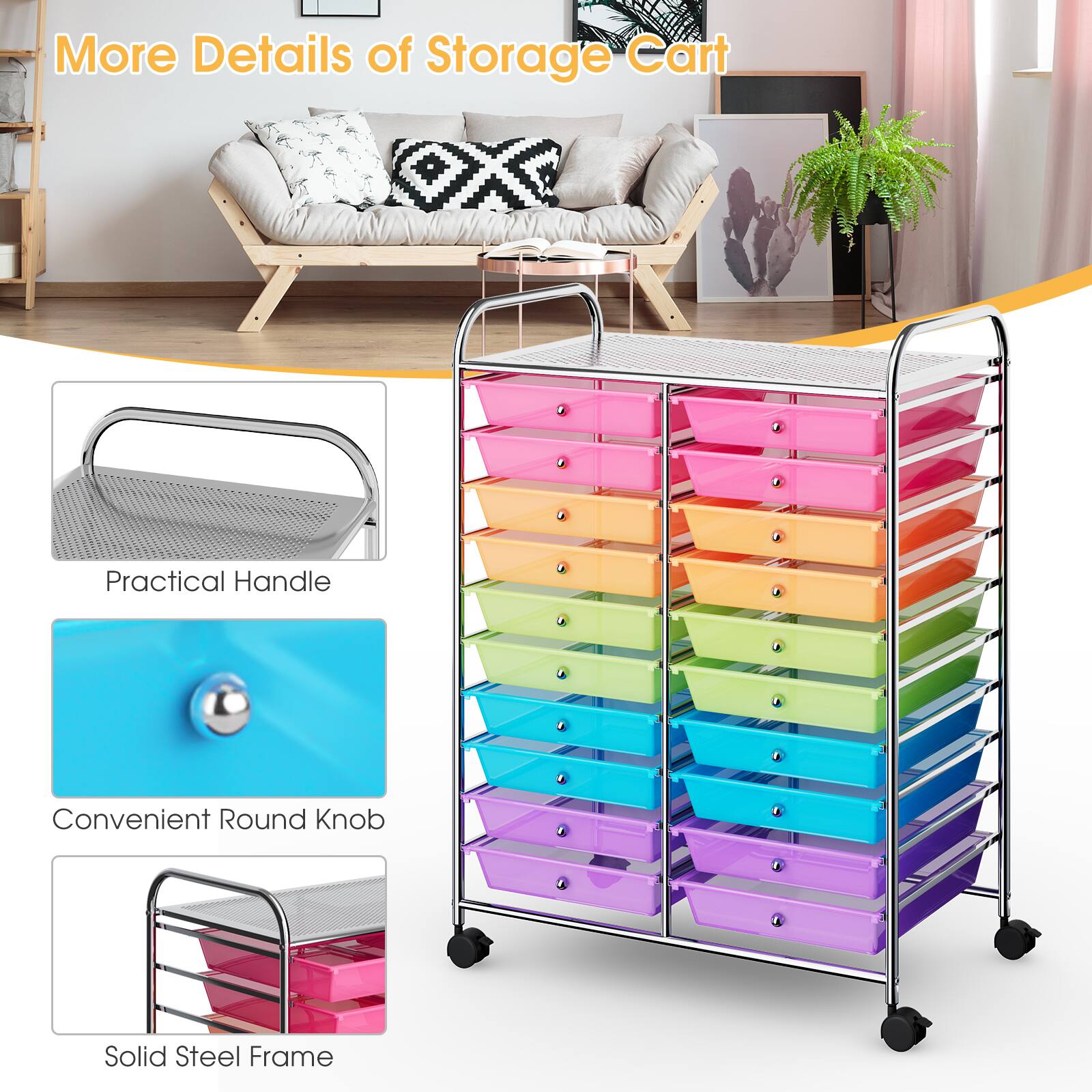 More Details of Storage Cart: Practical Handle, Convenient Round Knob, Solid Steel Frame.