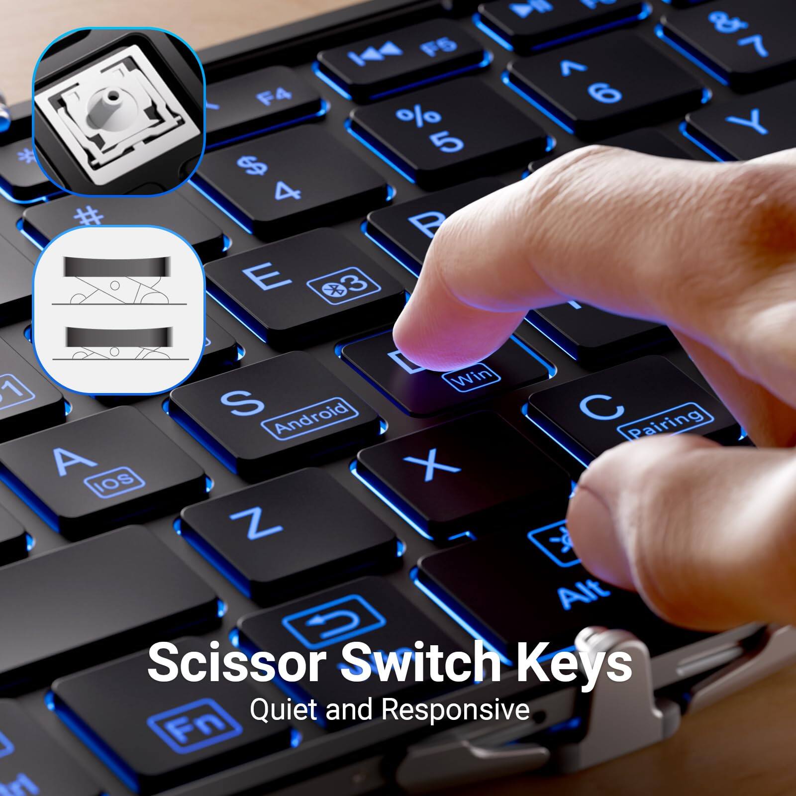 Scissor Switch Keys  
Quiet and Responsive  

A 1 & 44 F5 7 7 F4 6 % Y * 5 $ 4 # P E 3 L Win 1 S Android C Pairing A X IOS Z Alt U  

Scissor Switch Keys  
Quiet and Responsive