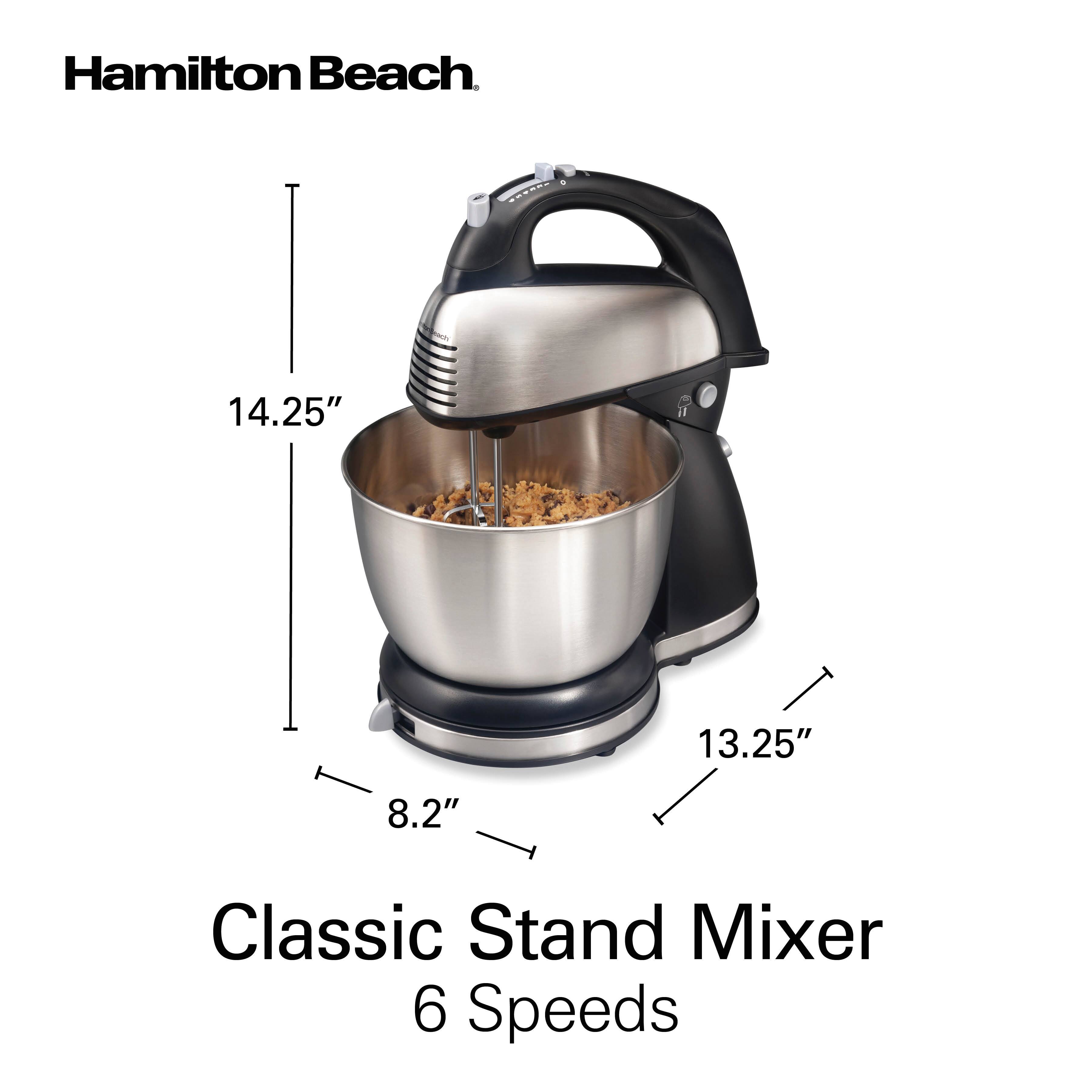 Hamilton Beach Classic Stand Mixer  
6 Speeds  
14.25" H  
13.25" W  
8.2" D