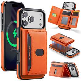 Dteck - Shockproof Leather Phone Case for Apple iPhone 17 Pro Max with RFID Wallet, Magnetic Detachable Card Holder Stand Cover - Orange