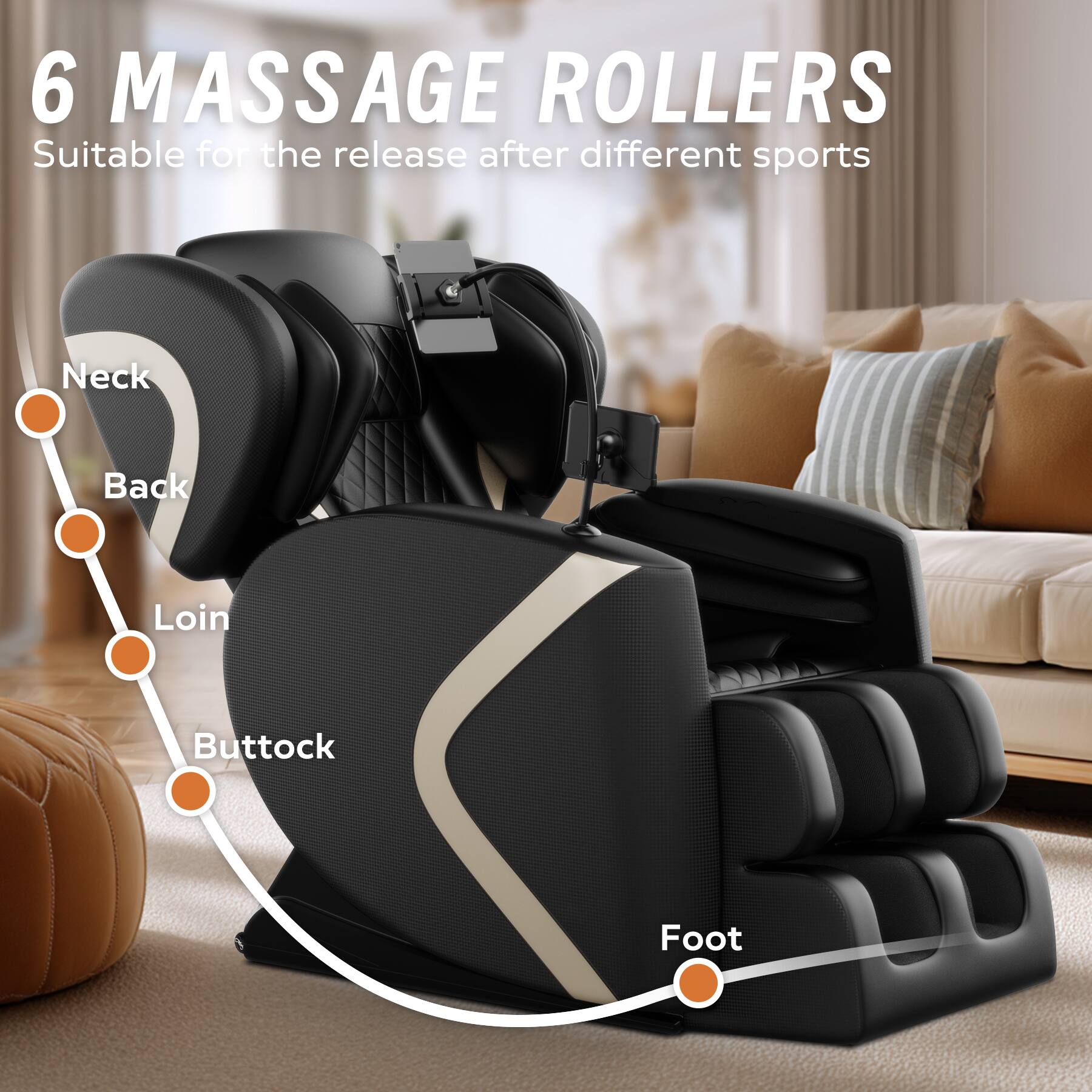 6 MASSAGE ROLLERS  
Suitable for the release after different sports  

- Neck  
- Back  
- Loin  
- Buttock  
- Foot