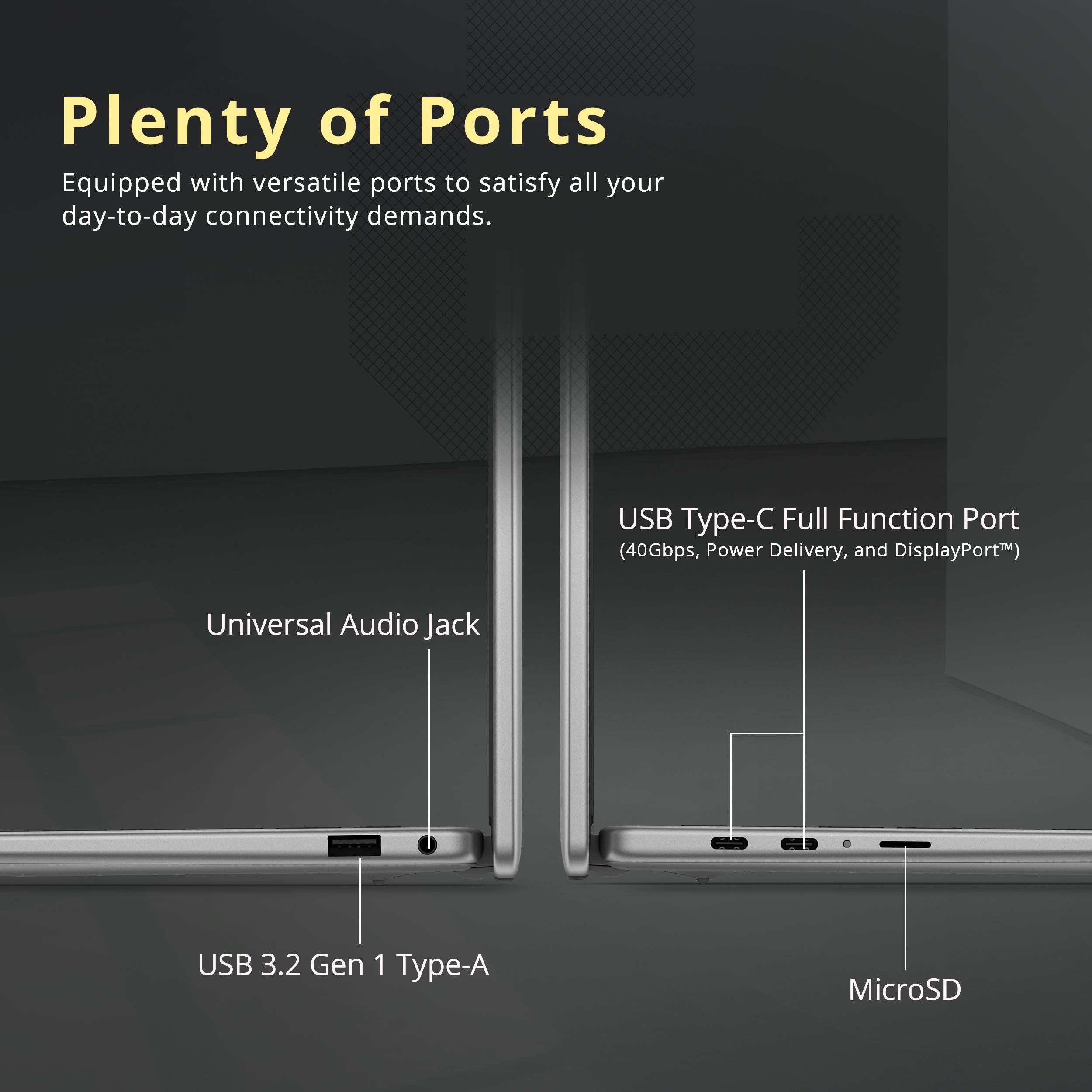 Plenty of Ports

Equipped with versatile ports to satisfy all your day-to-day connectivity demands.

- USB Type-C Full Function Port (40Gbps, Power Delivery, and DisplayPort™)
- Universal Audio Jack
- USB 3.2 Gen 1 Type-A
- MicroSD