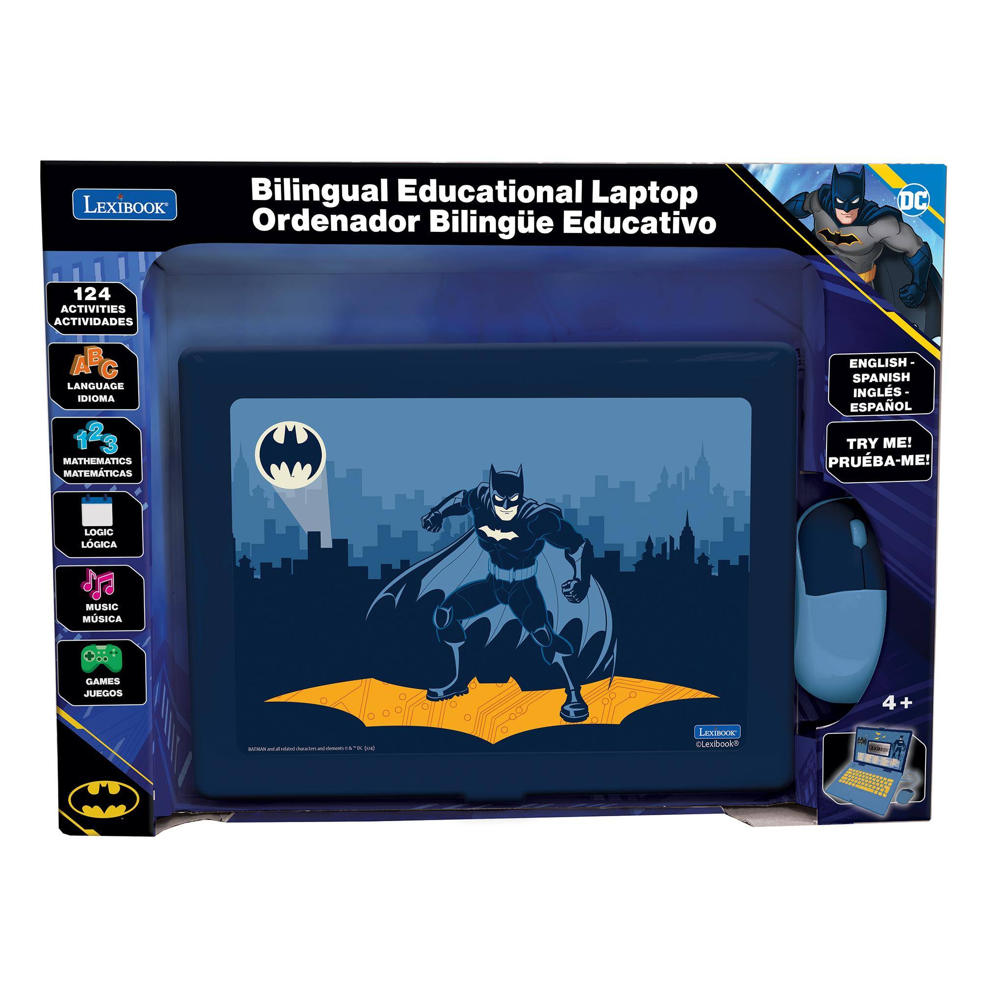 LEXIBOOK Bilingual Educational Laptop Ordenador Bilingüe Educativo DC 124 ACTIVITIES ACTIVIDADES ABC LANGUAGE IDIOMA 123 MATHEMATICS MATEMATICAS ENGLISH SPANISH INGLÉS ESPAÑOL TRY ME! PRUEBA-ME! LOGIC LÓGICA MUSIC MÚSICA GAMES JUEGOS 4+