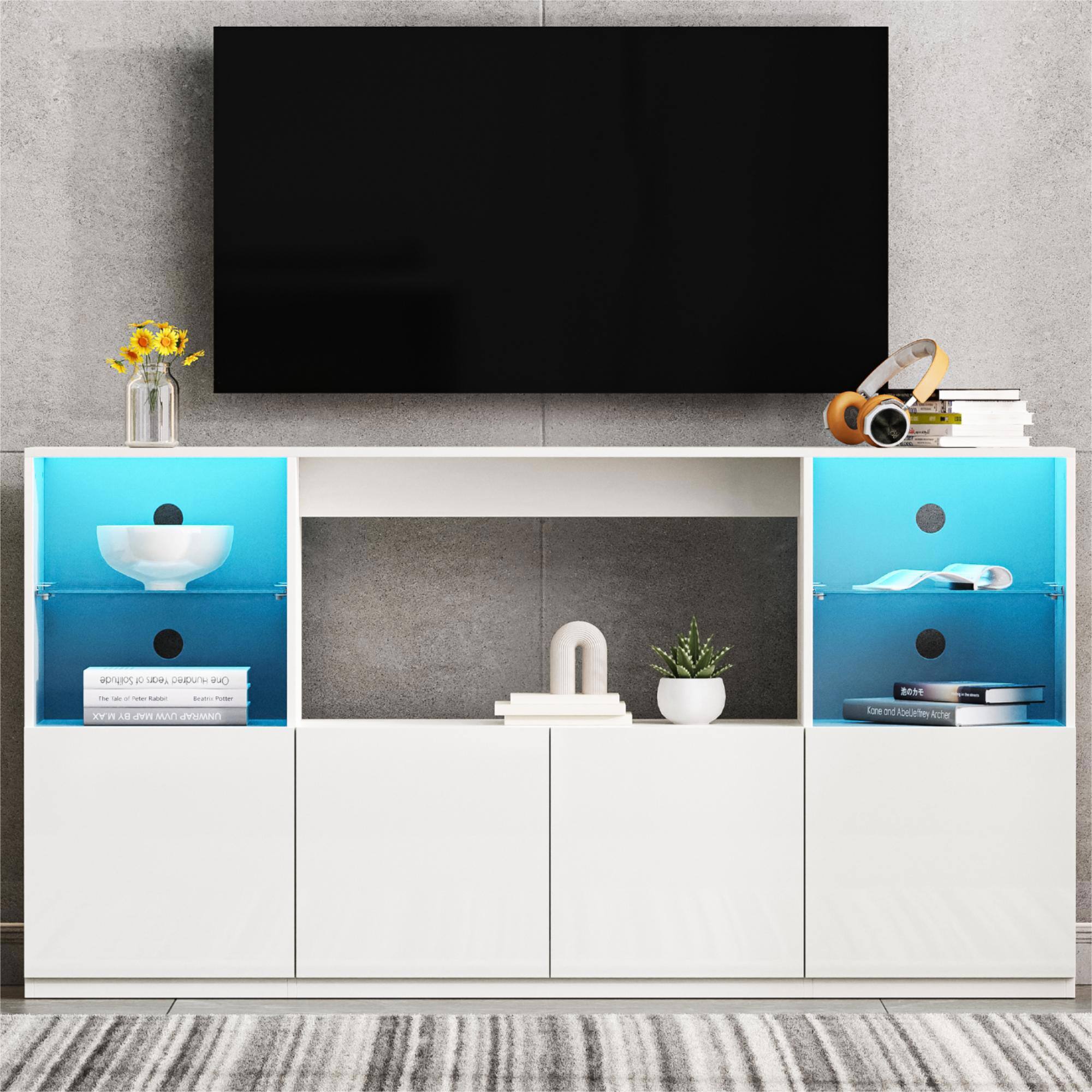 Spaco - TV Stand for 75 Inch TVs, High Gloss Entertainment Center with LED Lights, Tempered Glass Shelves, Large Cabinet - White