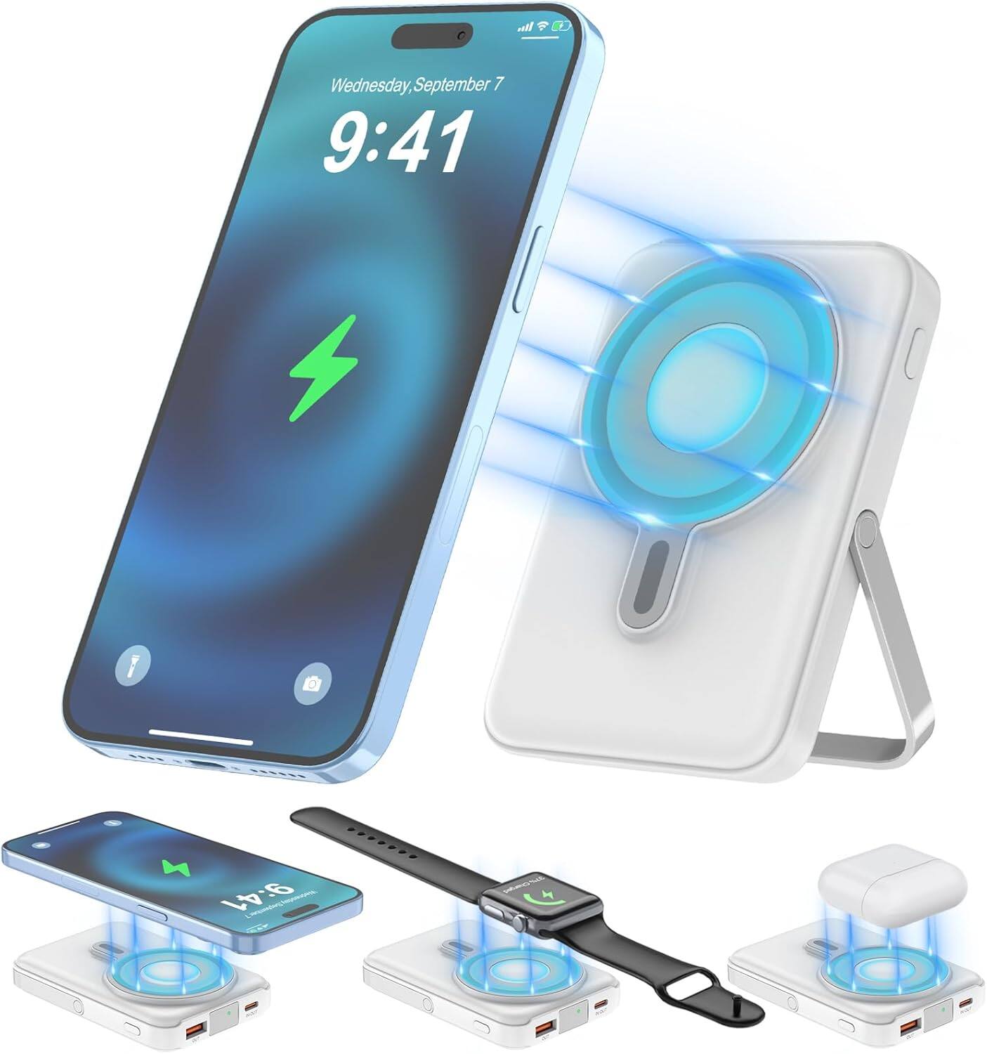 Entronix - Magnetic Wireless Power Bank - 10000 mAh for iPhone and Android Devices - White