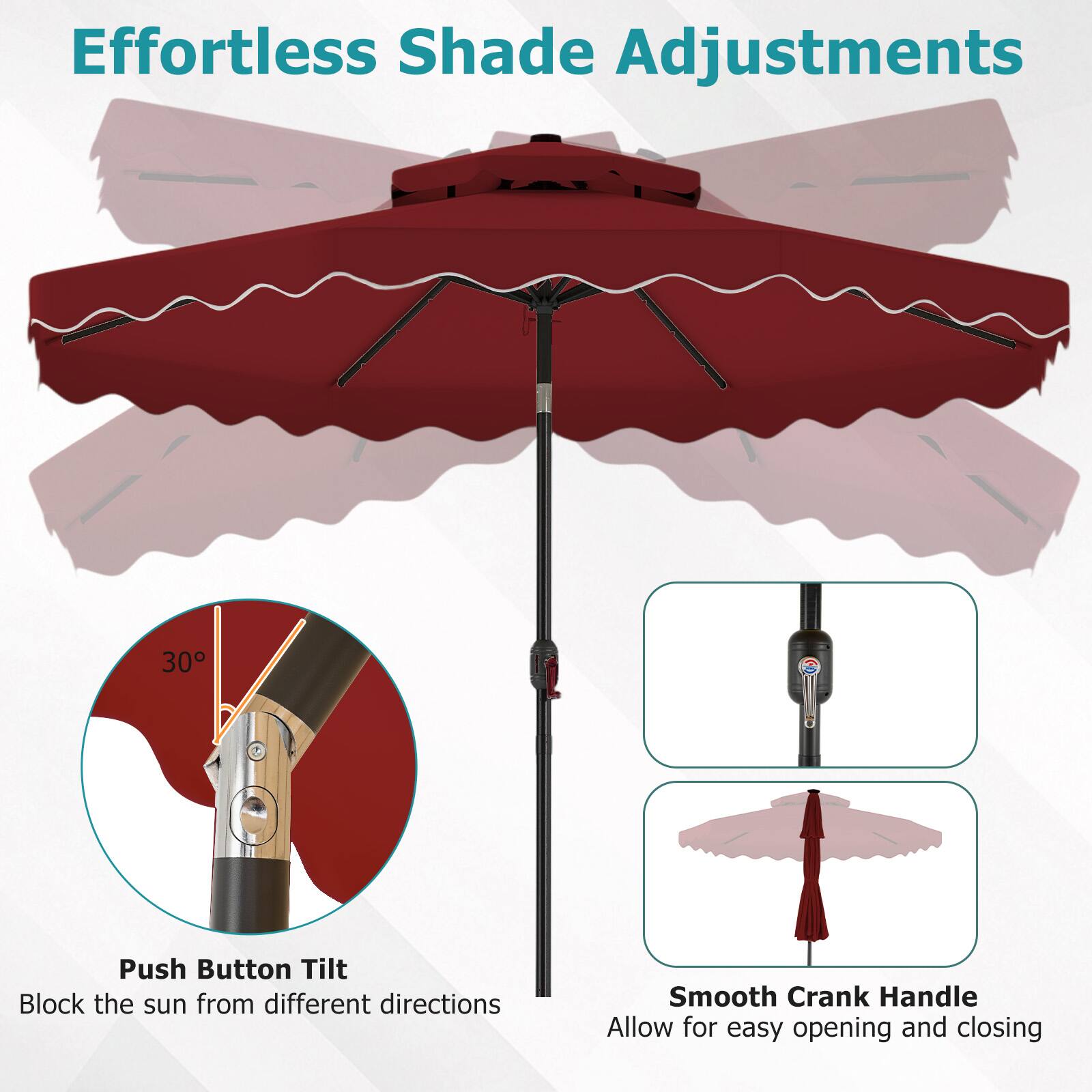 Effortless Shade Adjustments

Push Button Tilt
Block the sun from different directions

Smooth Crank Handle
Allow for easy opening and closing