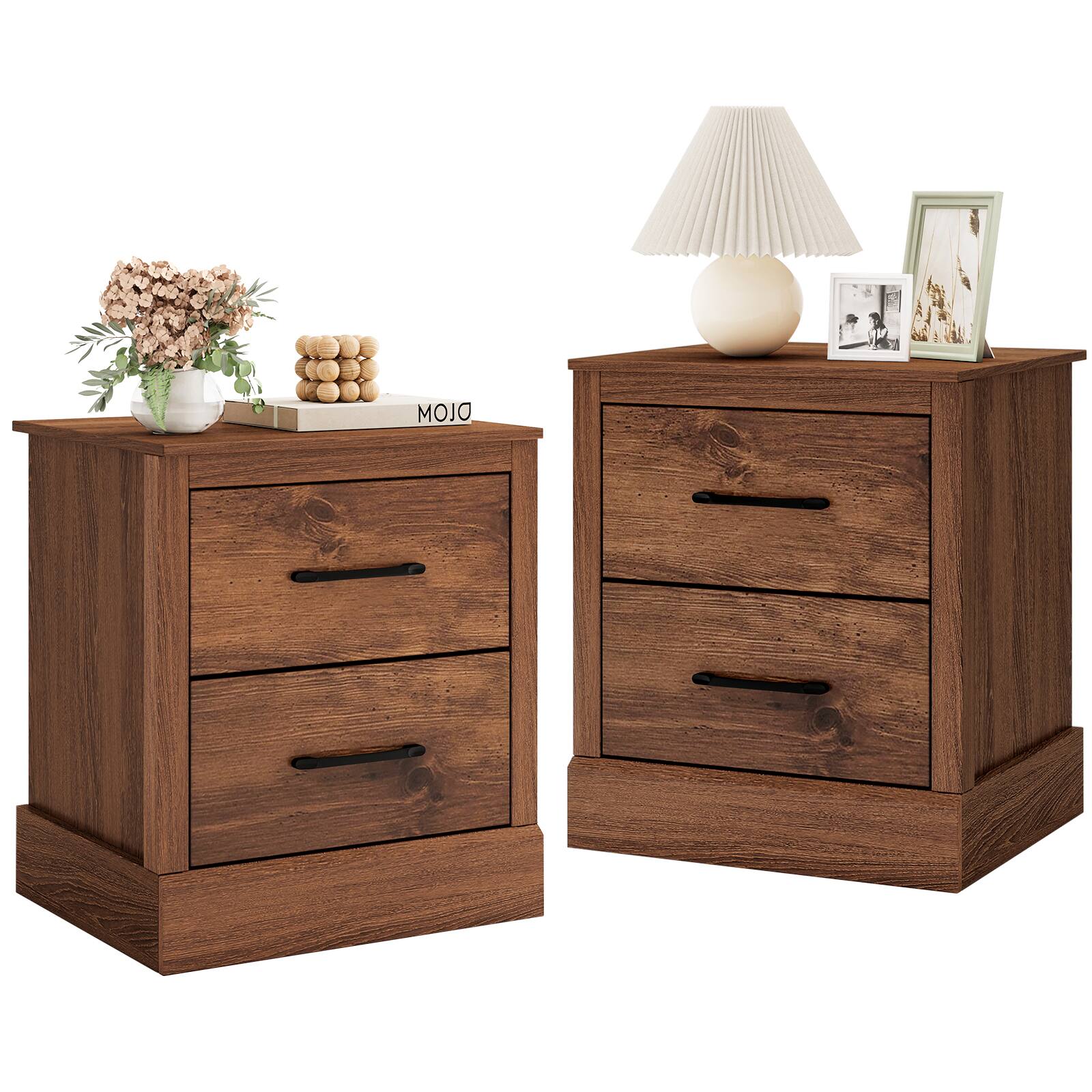 Front. Gymax - Gymax Set of 2 Drawer Nightstand Bedside Table Compact Sofa End Table Rustic Walnut - Rustic Walnut.