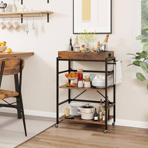 Alt View 1. Ecooso - 3-Tier Industrial Bar Cart with Detachable Tray for Kitchens - Rustic brown.