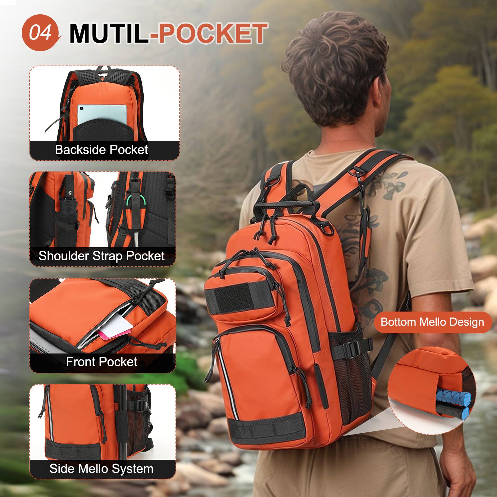 04 MUTIL-POCKET

- Backside Pocket
- Shoulder Strap Pocket
- Front Pocket
- Side Mello System
- Bottom Mello Design