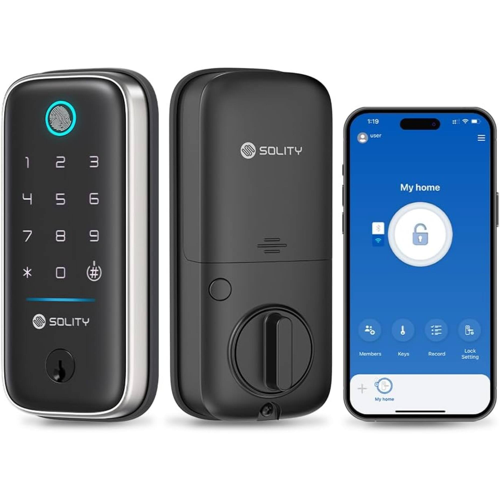 1:19
user
1
2
3
SOLITY
4
5
6
My home
7
8
9
*
0
SOLITY
Members
Keys
Record
Lock Setting
+