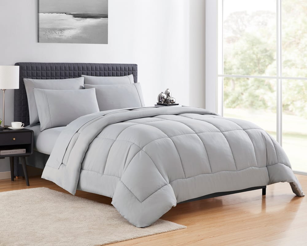 Front. Sweet Home Collection - All Season Reversible Bed-in-A-Bag Solid Color Comforter & Sheet Set, California King - Silver.