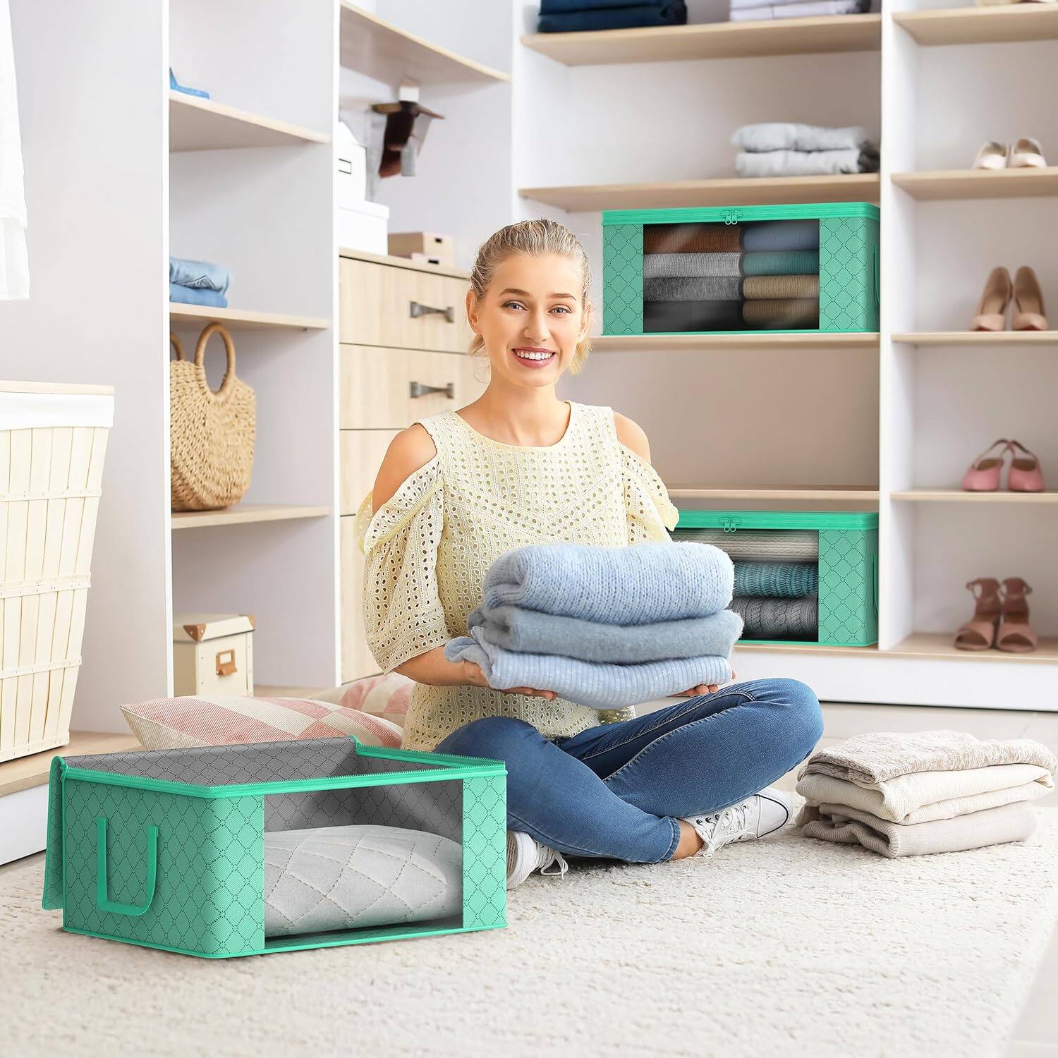 Alt View 1. Sorbus - Sorbus Foldable Storage Bag Organizers, Large Clear Window & Carry Handles, Great for Clothes, Blankets, Closets - Teal.