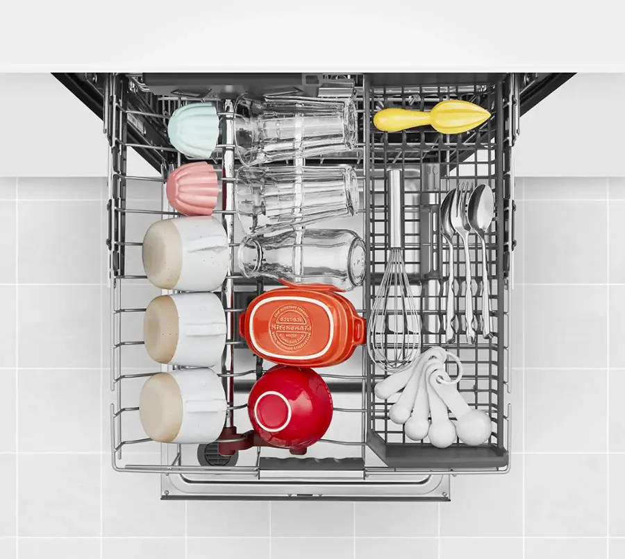 The image shows a dishwasher with a rack of dishes, including cups, bowls, and spoons. There are a total of 14 cups, 10 bowls, and 12 spoons arranged neatly in the dishwasher. The dishwasher is filled with various dishes, making it an efficient way to clean and organize kitchen items.