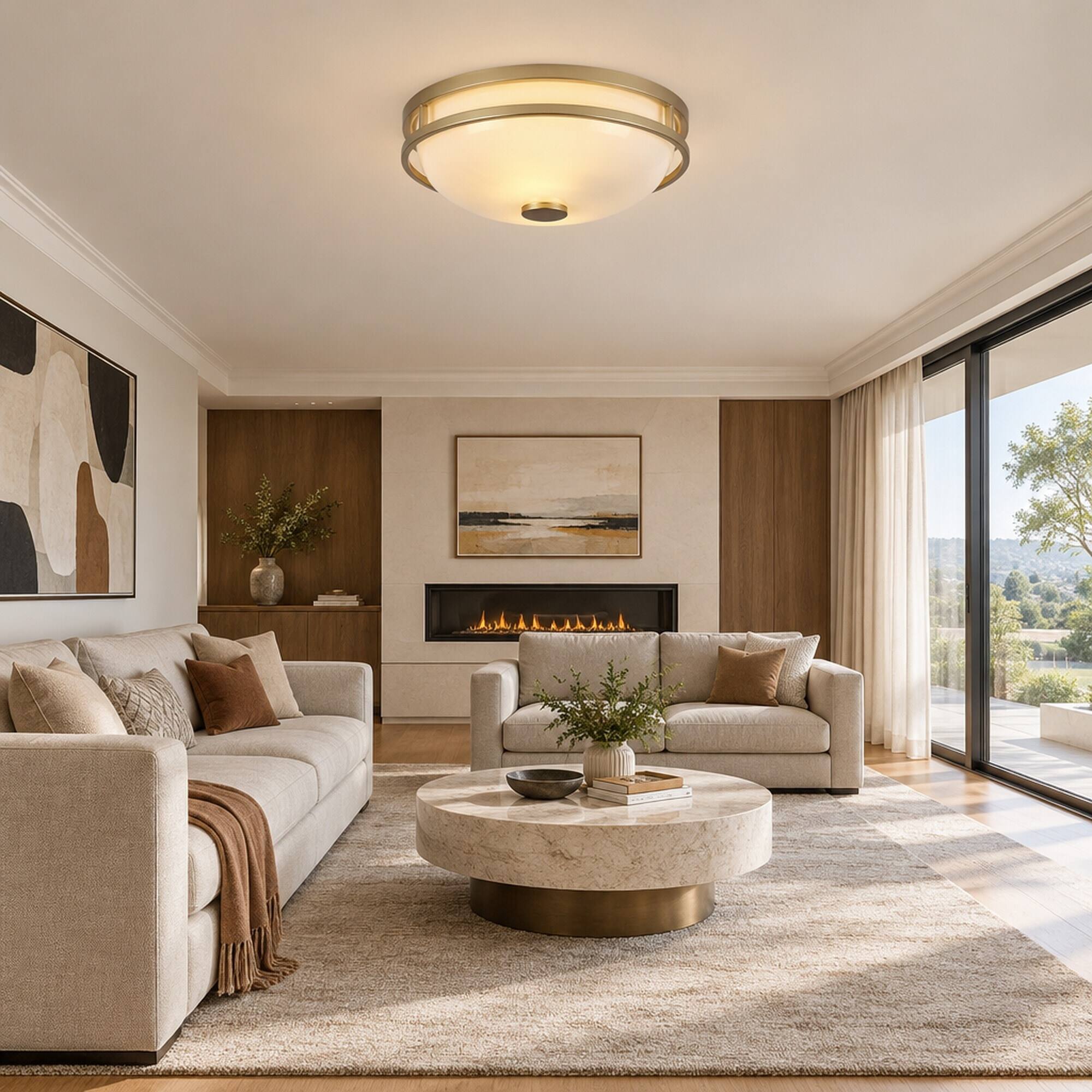 RYHNUYNE 13 Flush Mount Ceiling Light, 2 E26 Sockets, Milk Glass Shade ...