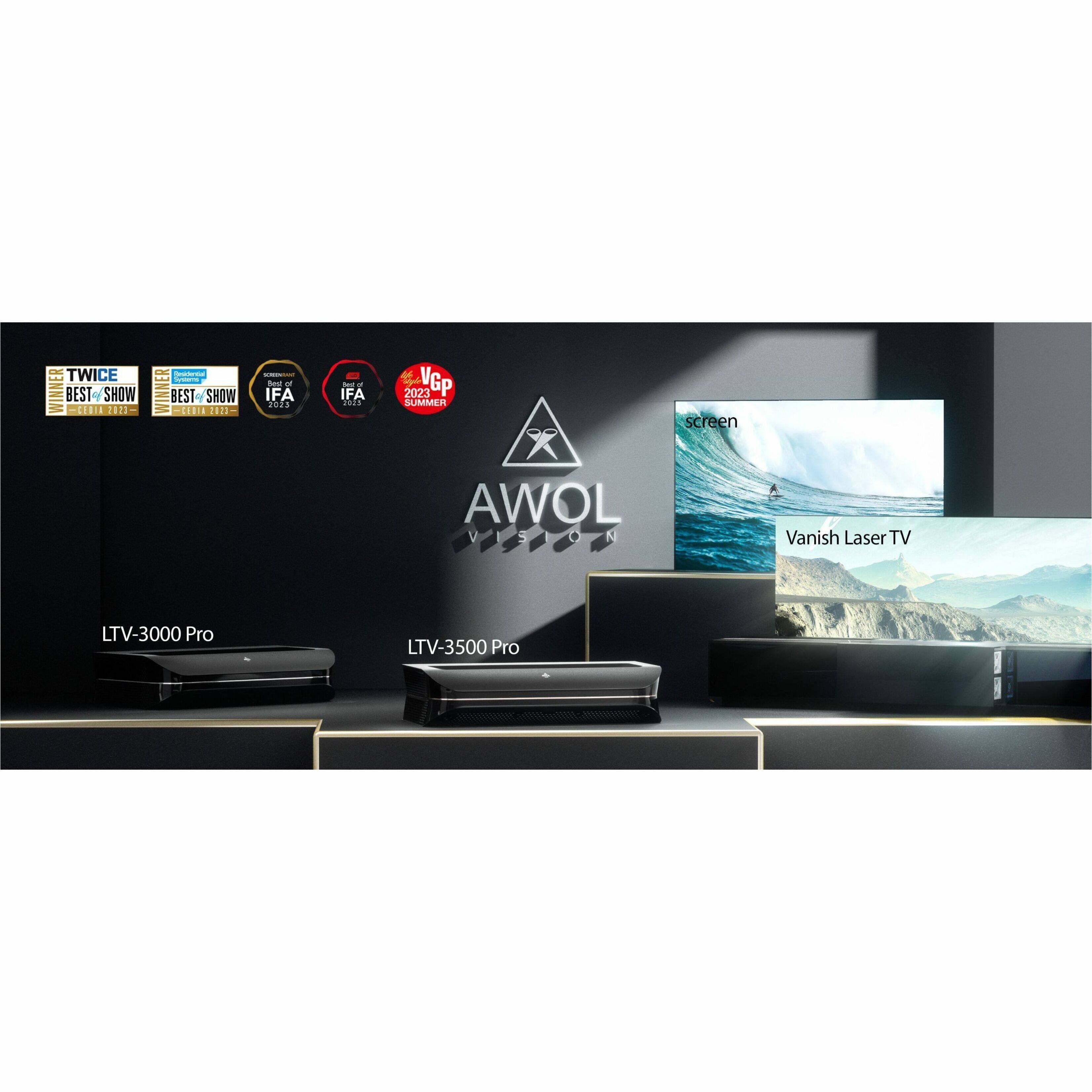 The image features a display of AWOL Vision Vanish Laser TVs, with two large TVs prominently placed on a table. The TVs are accompanied by a laptop and a remote control, showcasing the versatility and convenience of the AWOL Vision products. The display also includes a few logos, emphasizing the brand's presence and reputation in the market.
