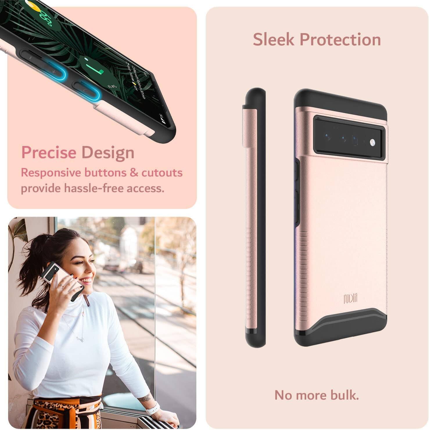 Sure, here is the corrected and grouped text from the image:

---

**Precise Design**  
Responsive buttons & cutouts provide hassle-free access.

**Sleek Protection**  
No more bulk.