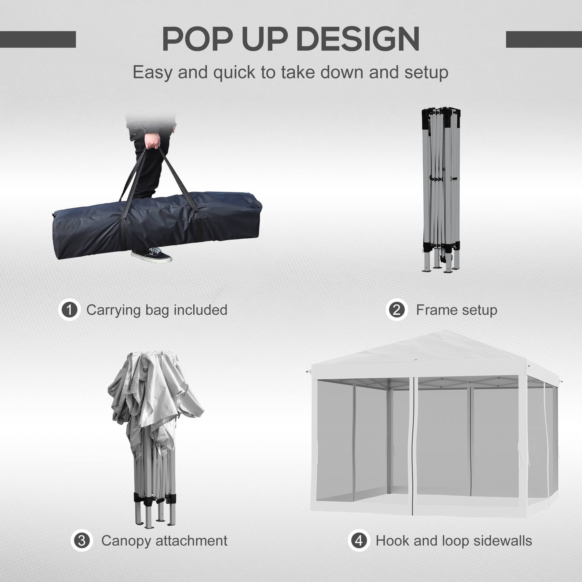 POP UP DESIGN
Easy and quick to take down and setup
1. Carrying bag included
2. Frame setup
3. Canopy attachment
4. Hook and loop sidewalls