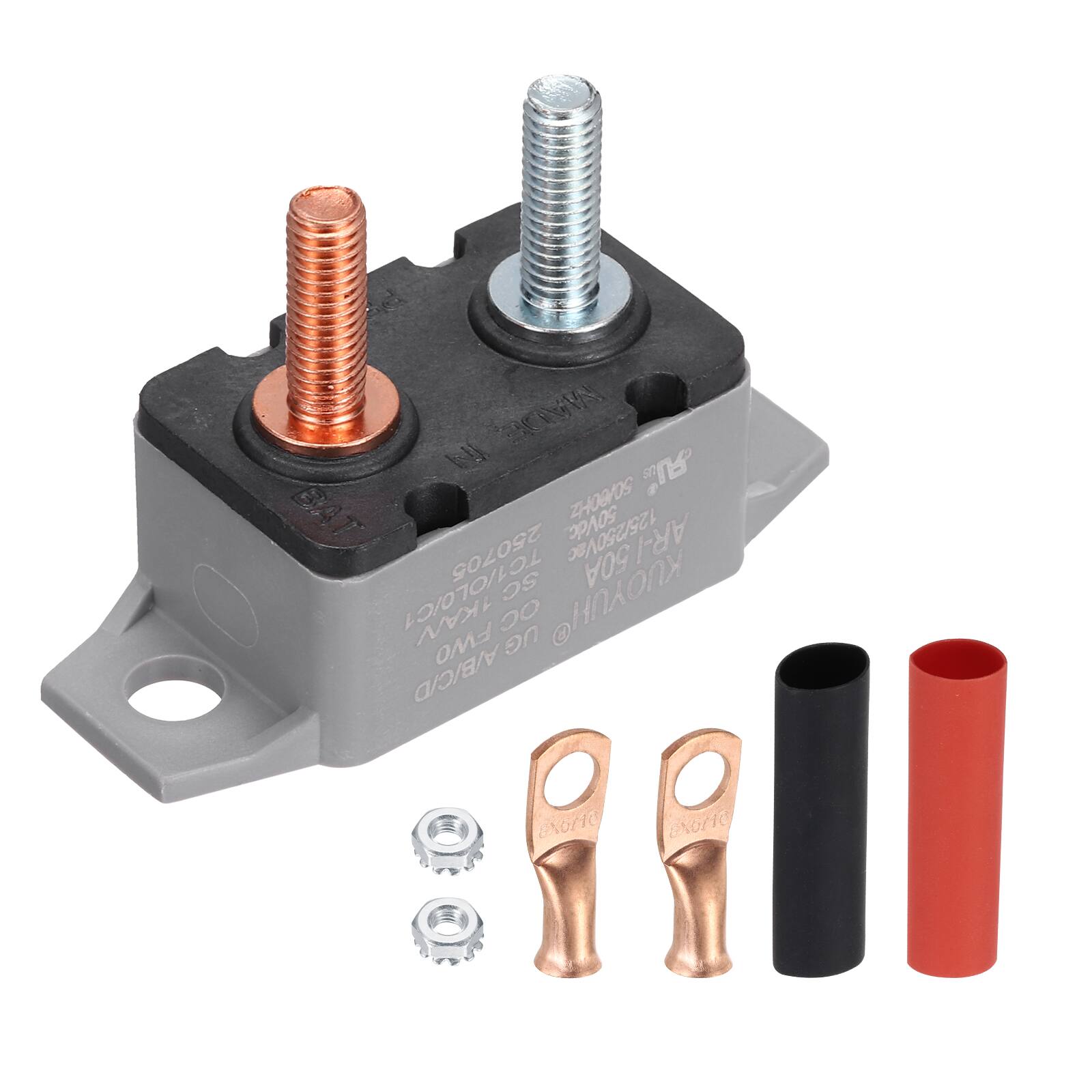 Unique Bargains - DC 50V AC 125/250V 50A Circuit Breaker, Auto Reset Stud Bolt Type with Screws, Nuts, Wire Clamps, Heat Shrink Tubing - Gray price history on PriceWatchPro