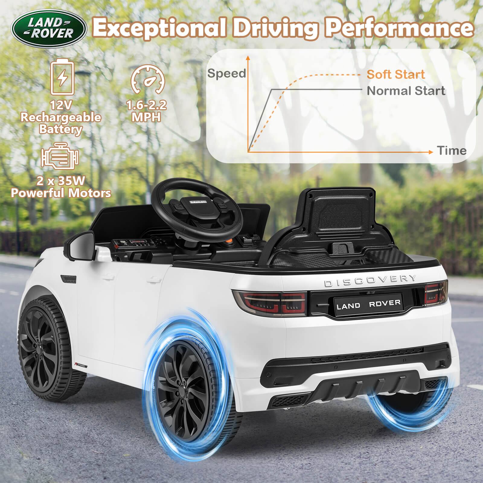 LAND ROVER  
Exceptional Driving Performance  

12V Rechargeable Battery  
1.6-2.2 MPH  
2 x 35W Powerful Motors  

Speed  
Soft Start  
Normal Start  
Time  

DISCOVERY  
LAND ROVER