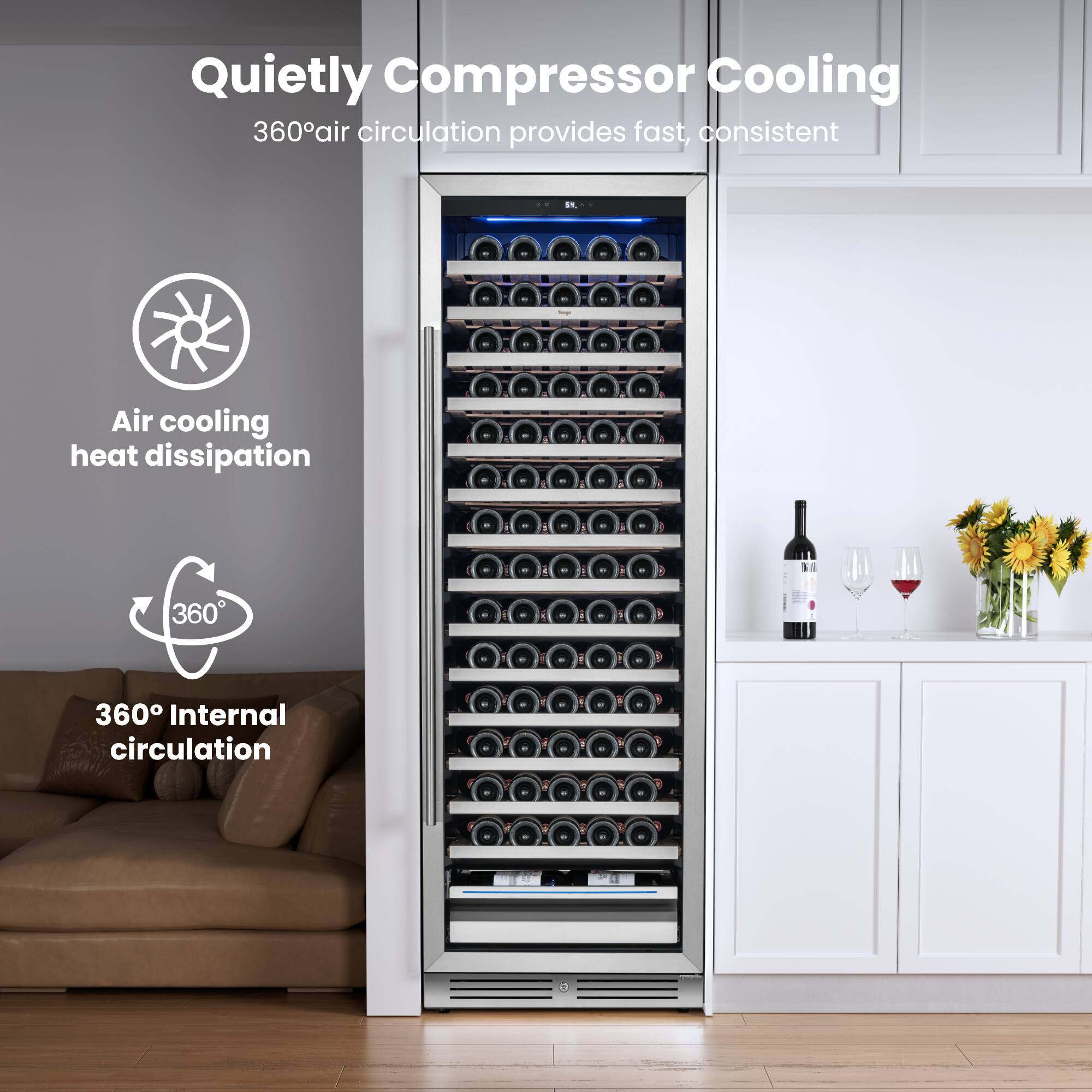 Quietly Compressor Cooling  
360° air circulation provides fast, consistent cooling  

Air cooling heat dissipation  

360° Internal circulation