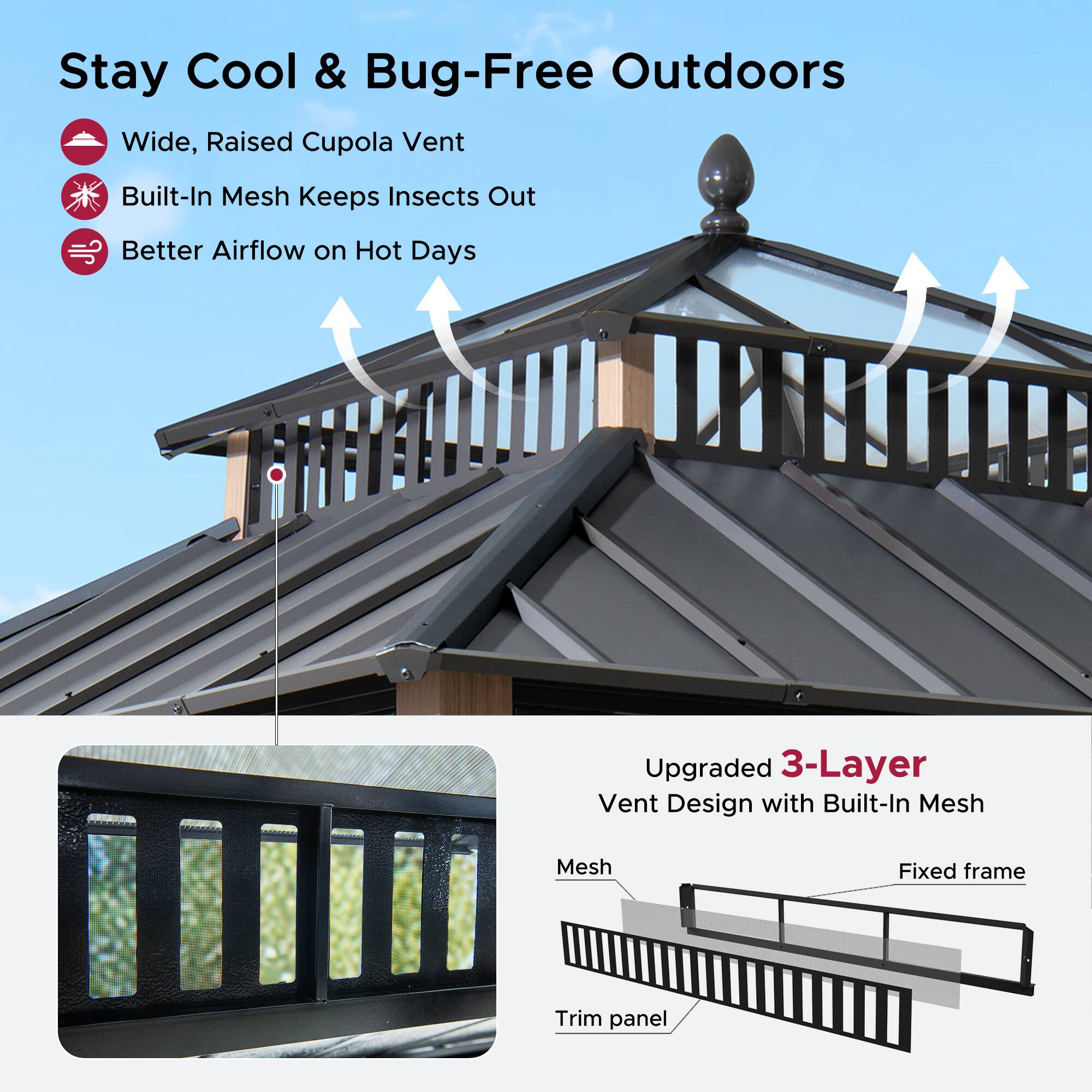 Stay Cool & Bug-Free Outdoors

- Wide, Raised Cupola Vent
- Built-In Mesh Keeps Insects Out
- Better Airflow on Hot Days

Upgraded 3-Layer Vent Design with Built-In Mesh

- Mesh
- Fixed frame
- Trim panel