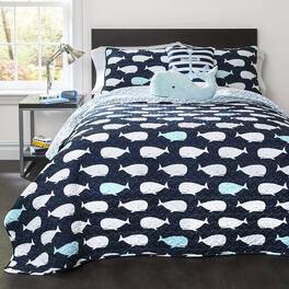 Hivvago - Full/Queen 5 Piece Bed In A Bag Navy Teal Microfiber Waves Whales Quilt Set - Navy, Teal