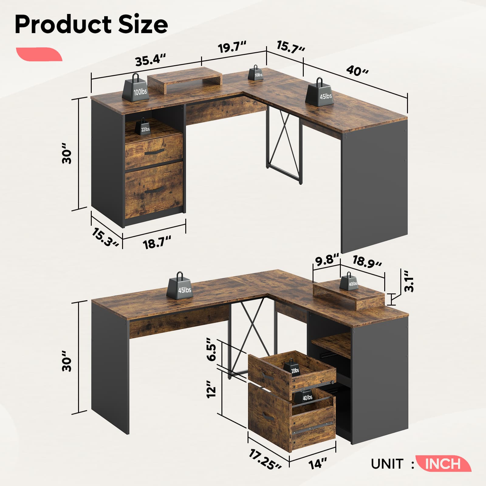 Bestier 55" L-Shaped Gaming Desk With Drawers And File Cabinet ...