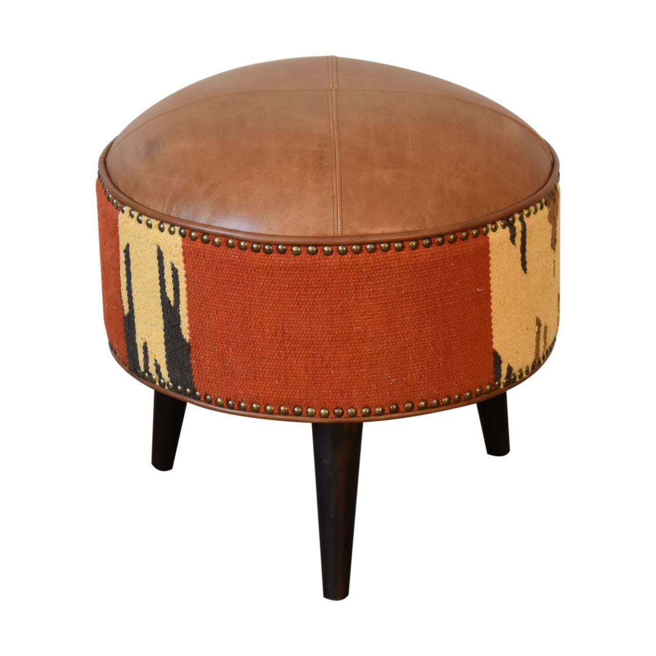 Left. Artisan Furniture - Artisan Furniture Solid Wood Durrie & Leather Mixed Footstool - Brown.