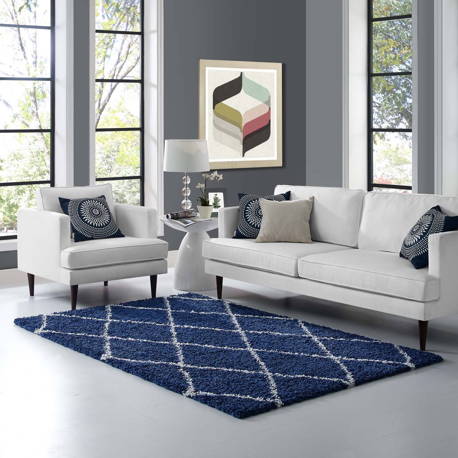 Front. Modway - Toryn Diamond Lattice Shag Area Rug - Navy and Ivory.