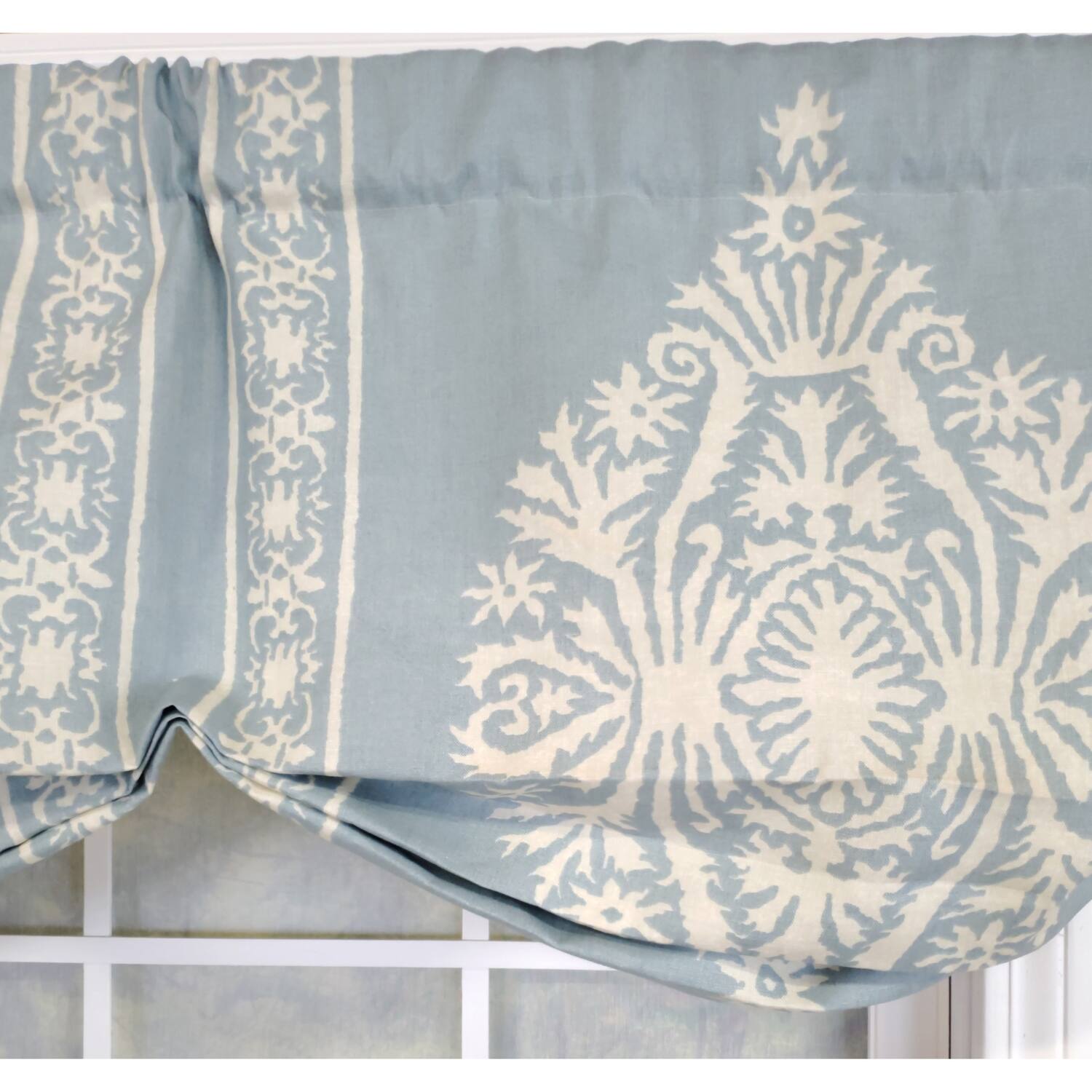Left. RLF Home - RLF Home 3" Rod Pocket High Quality Fabric Nora Stationary Balloon Valance for Windows 50" x 23" Blue - Blue.