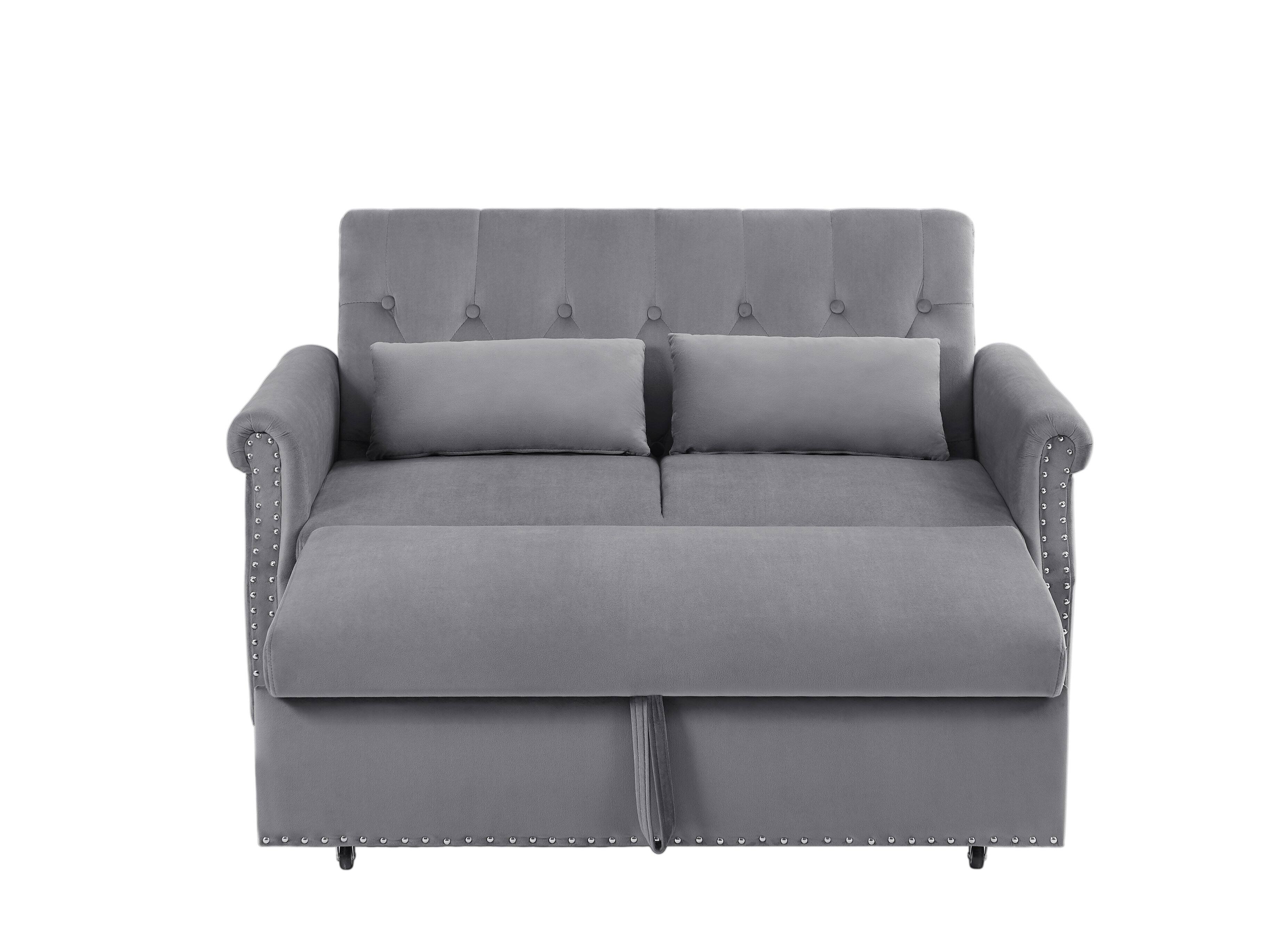 Back. Tiramisubest - Modern Velvet Convertible Loveseat Sleeper Sofa with 2 Lumbar Pillows,Adjustable Pull-Out Bed,Removable Armrest,Gray - Gray.