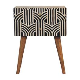Artisan Furniture - Solid Wood Edessa Bone Inlay Nightstand, 2 Drawers, Nordic legs, Black and White - Oak
