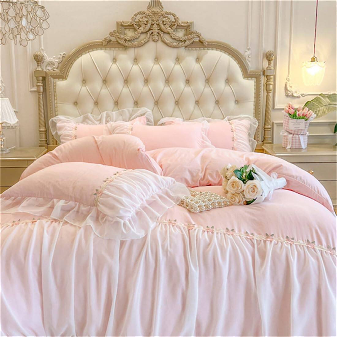 Alt View 6. Comfort Essence - Beddingromantic Ruffle Lace Bedding Set 2 Piece Comforter Duvet Cover With Zipper Closure Coquette Room - Pink-Twin.