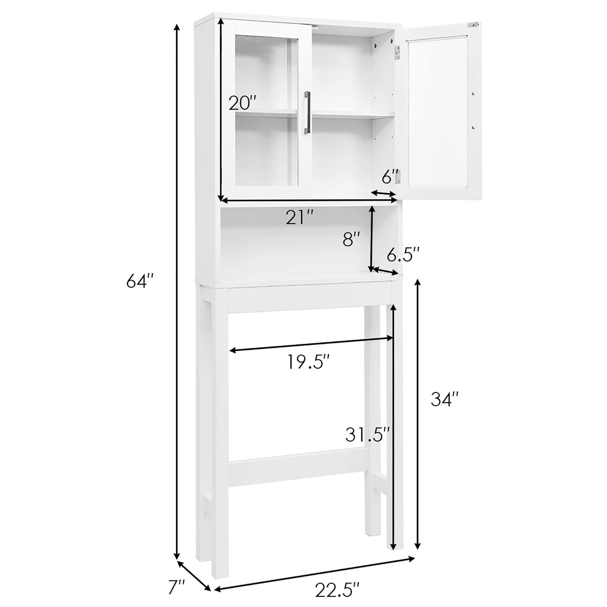 20" x 21" x 64"  
6" x 8" x 6.5"  
19.5" x 31.5" x 34"  
7" x 22.5"