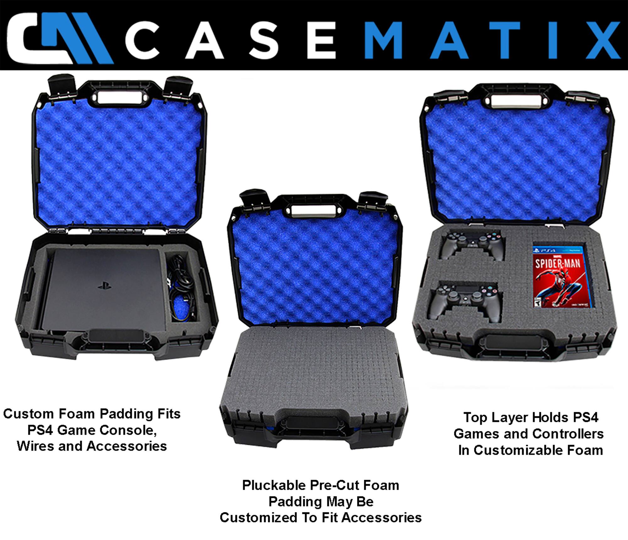 CAI CASEMATIX PIA SPIDER-MAN Custom Foam Padding Fits PS4 Game Console, Wires and Accessories. Top Layer Holds PS4 Games and Controllers In Customizable Foam. Pluckable Pre-Cut Foam Padding May Be Customized To Fit Accessories
