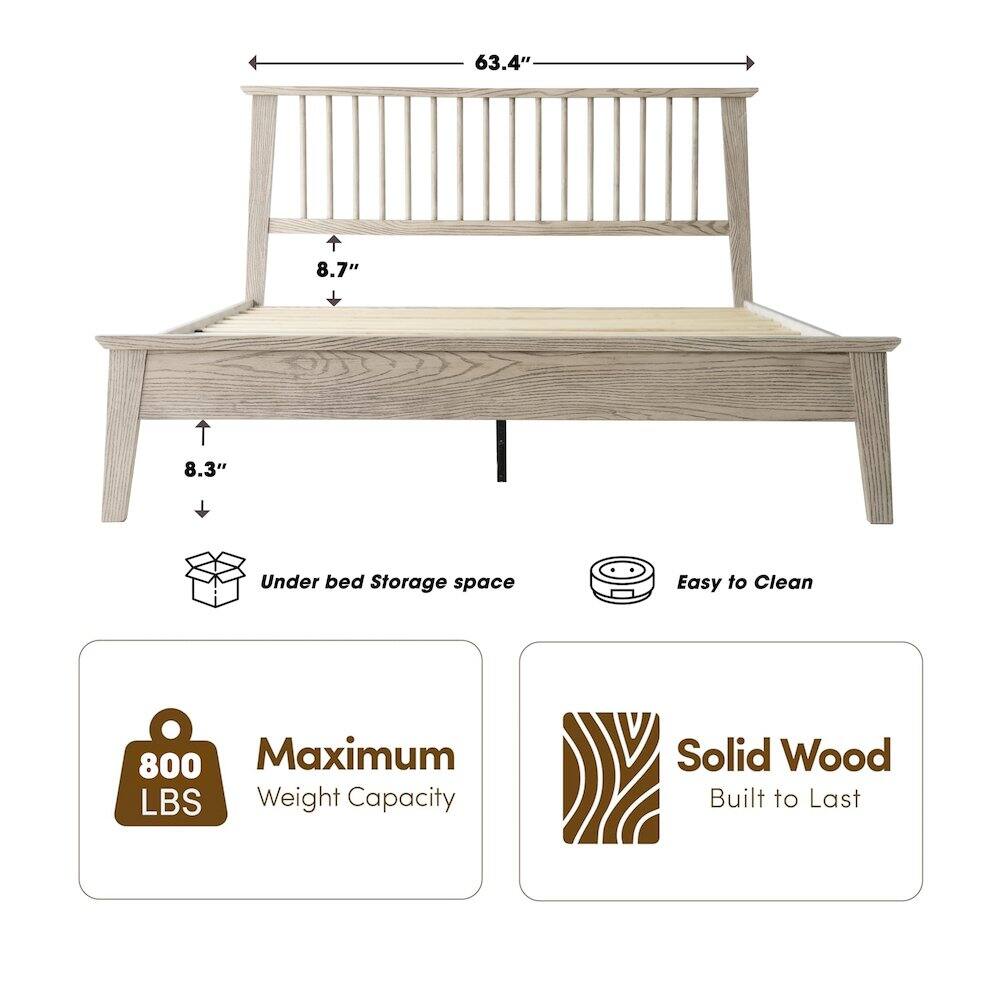 63.4" 8.7" 8.3"  
Under bed Storage space  
Easy to Clean  
800 Maximum LBS Weight Capacity  
Solid Wood Built to Last