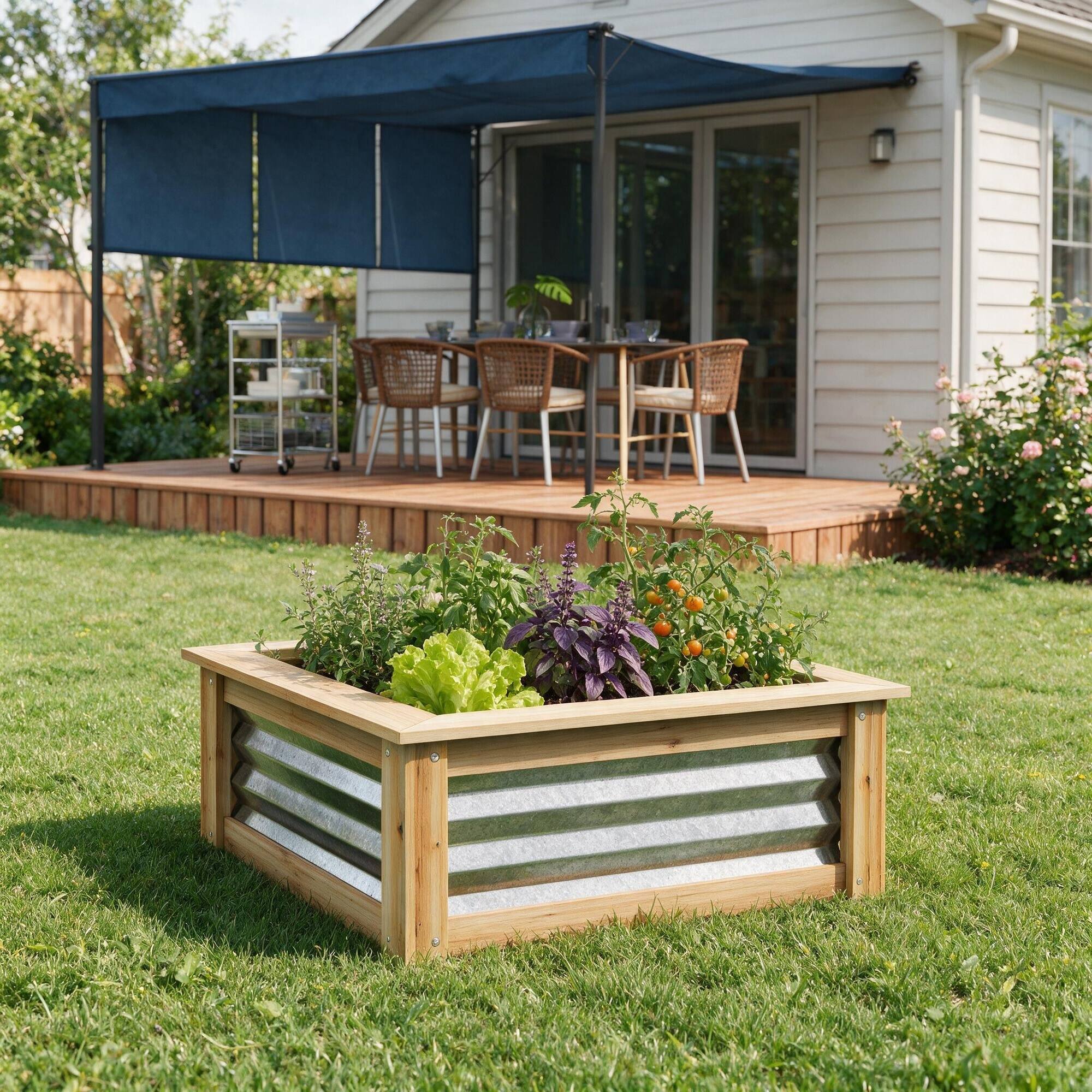 Left. RYHNUYNE - Outsunny Raised Garden Bed Kit Galvanized Metal Planter Box with Wood Frame, 22 Gallon Outdoor Stock Tank - Multicolor.